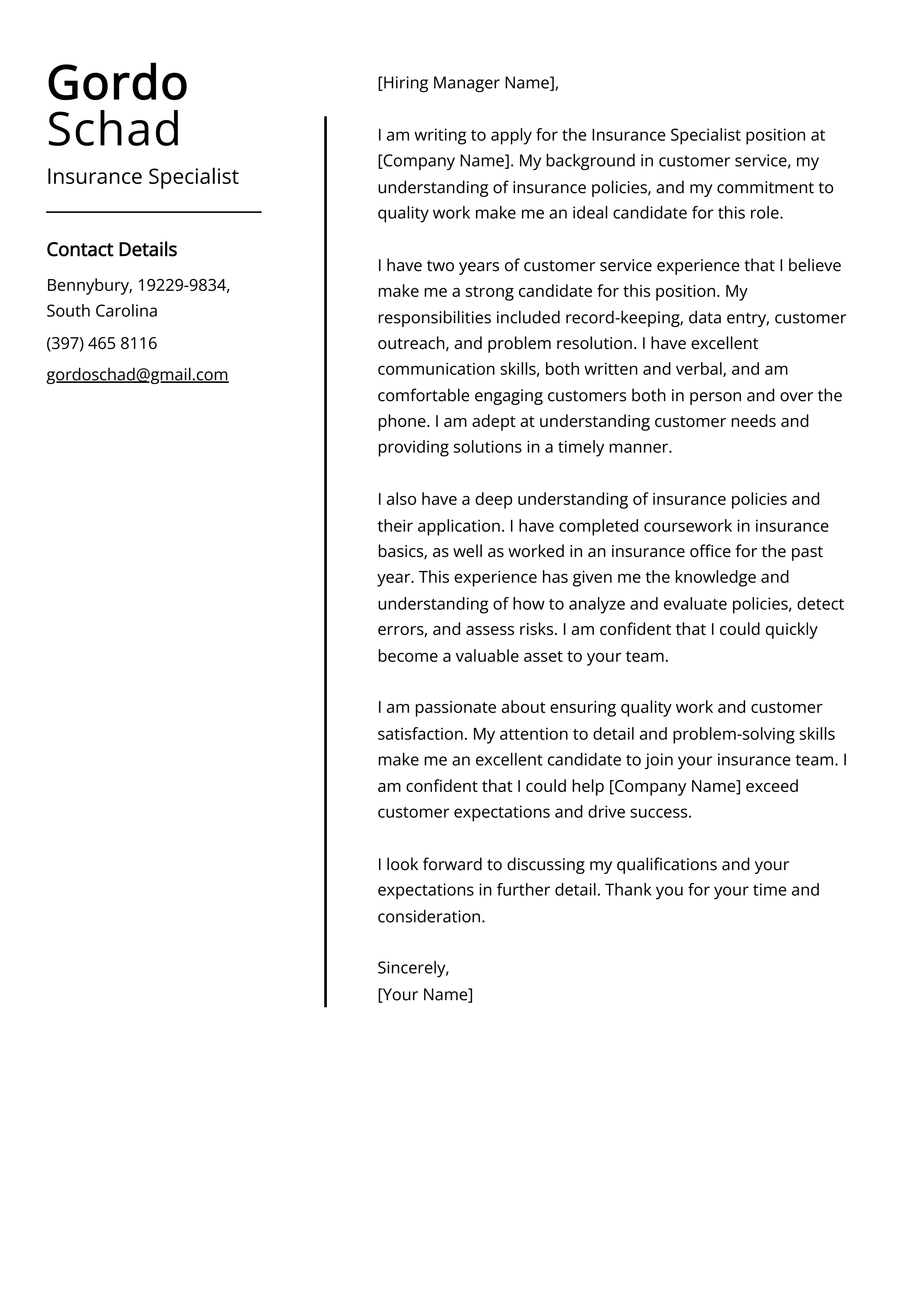 Insurance Specialist Cover Letter Example