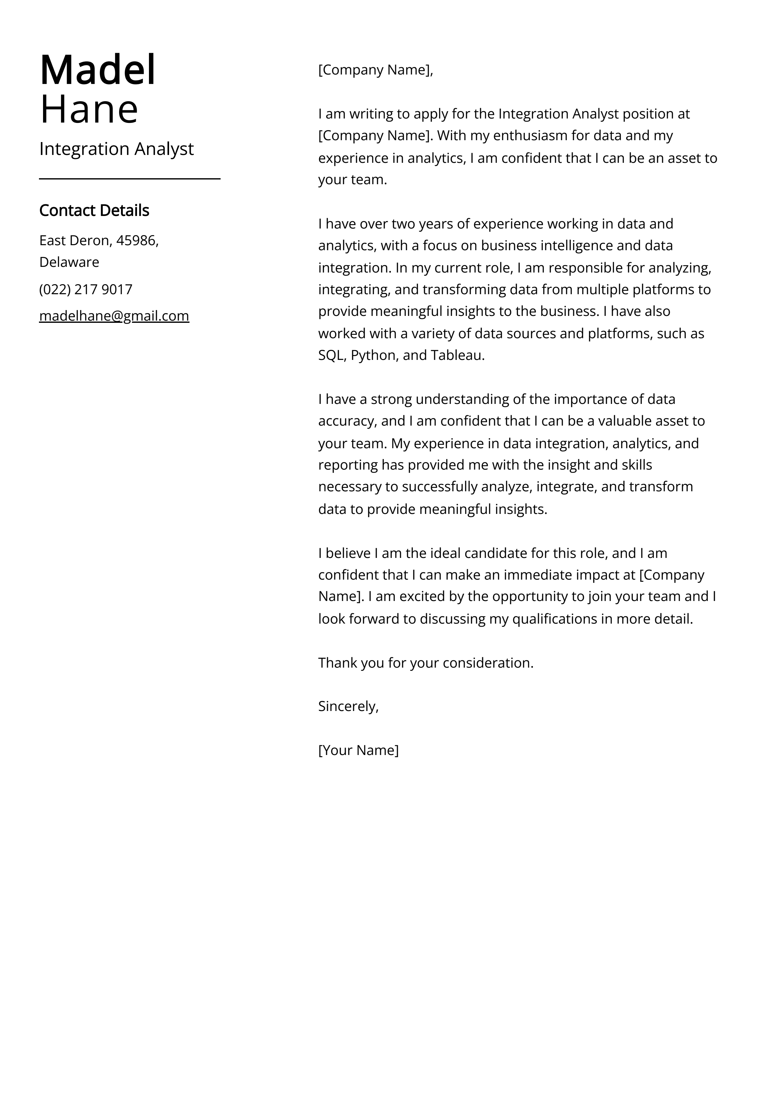 Integration Analyst Cover Letter Example