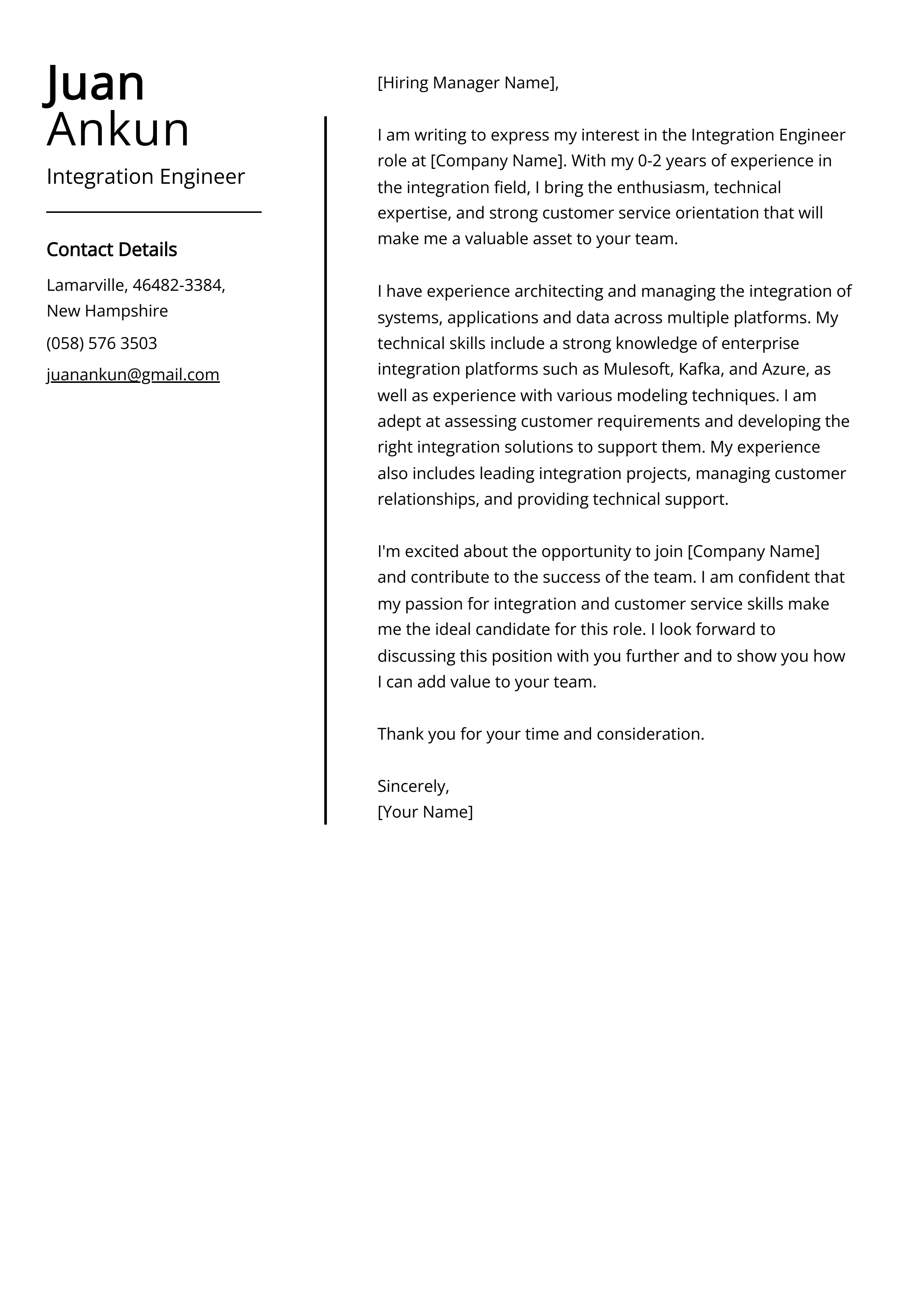 Integration Engineer Cover Letter Example