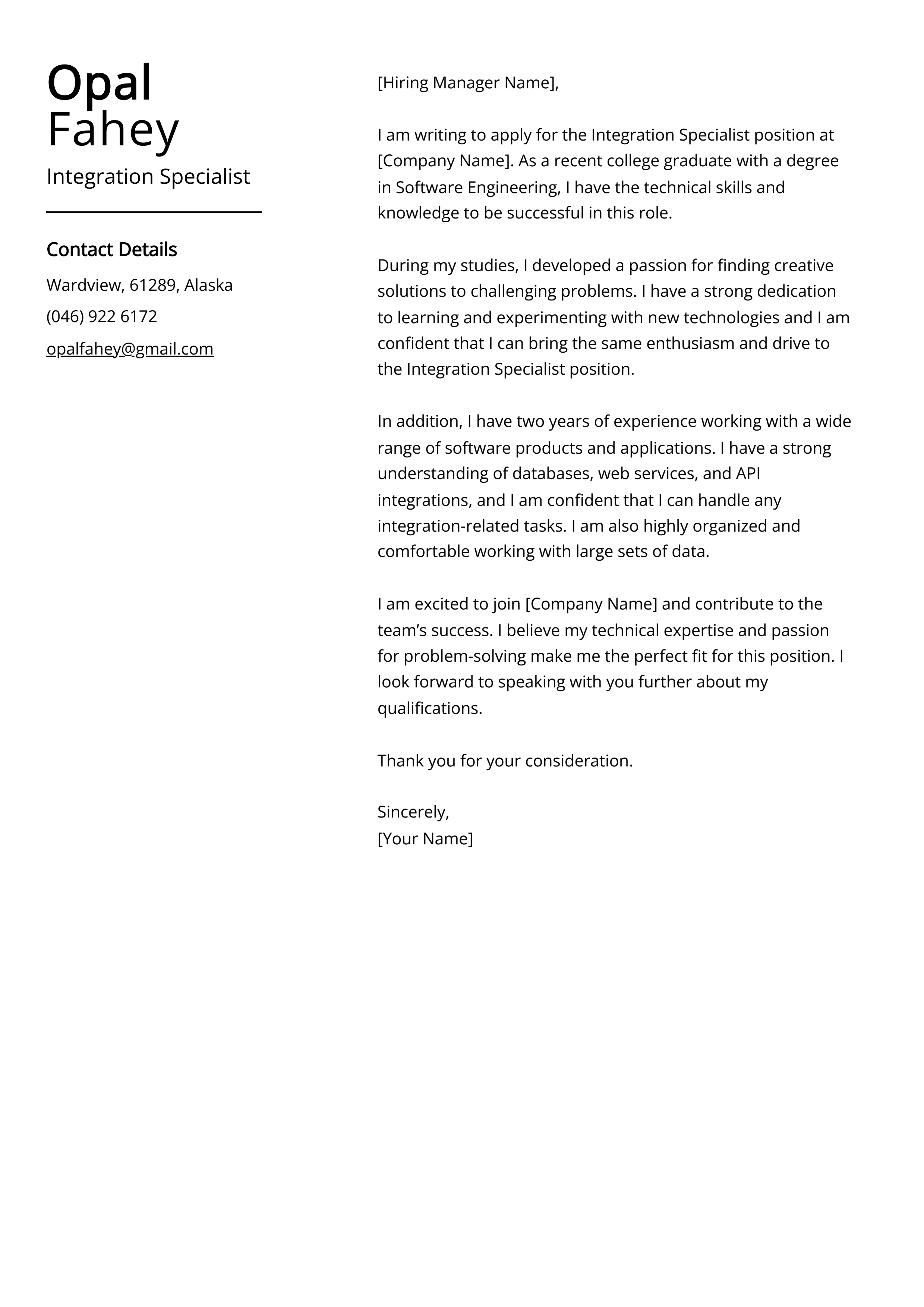 Integration Specialist Cover Letter Example