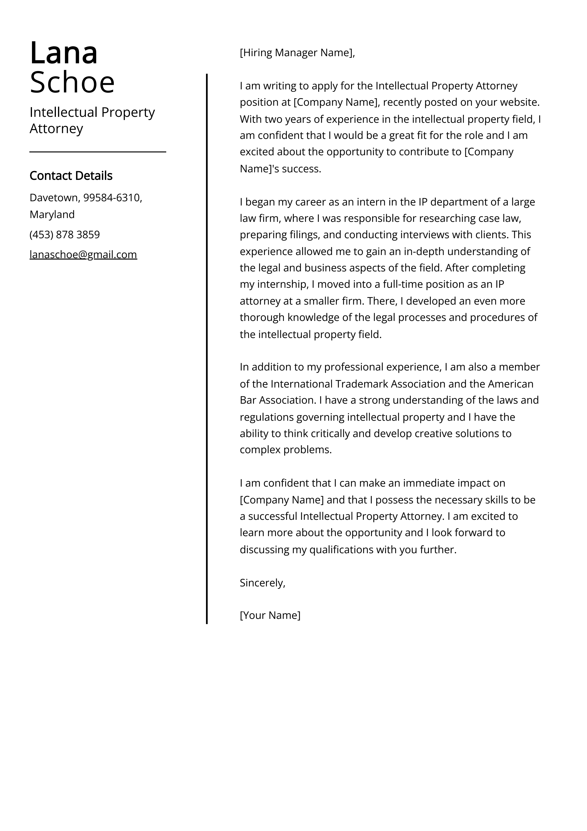 Intellectual Property Attorney Cover Letter Example