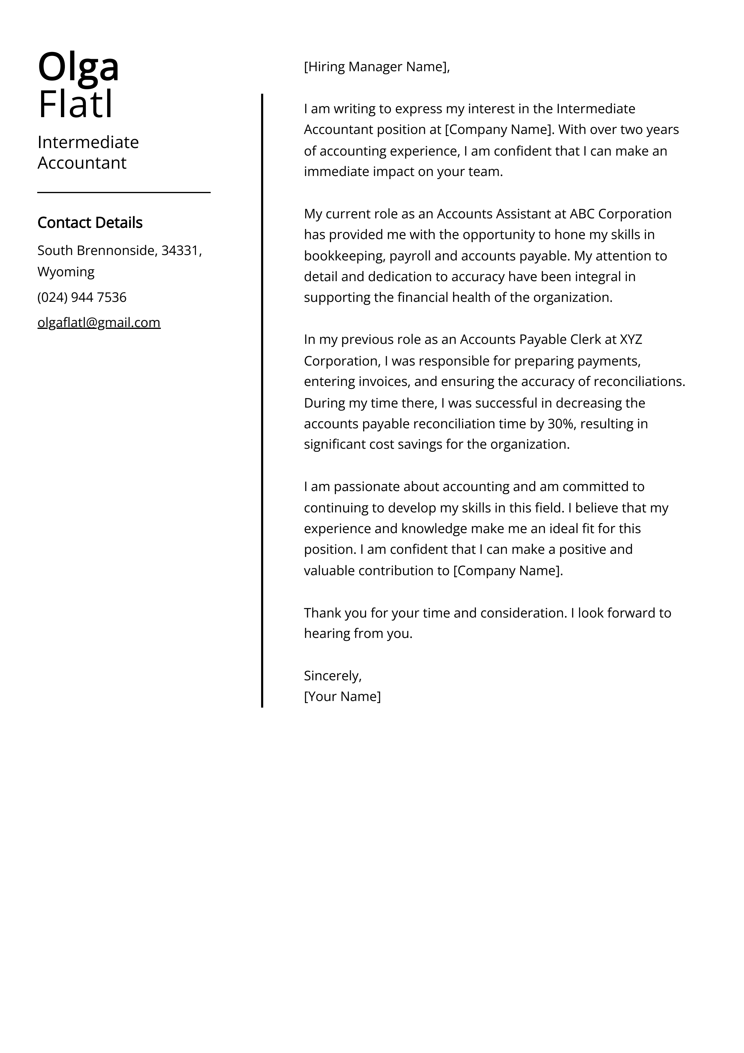 Intermediate Accountant Cover Letter Example