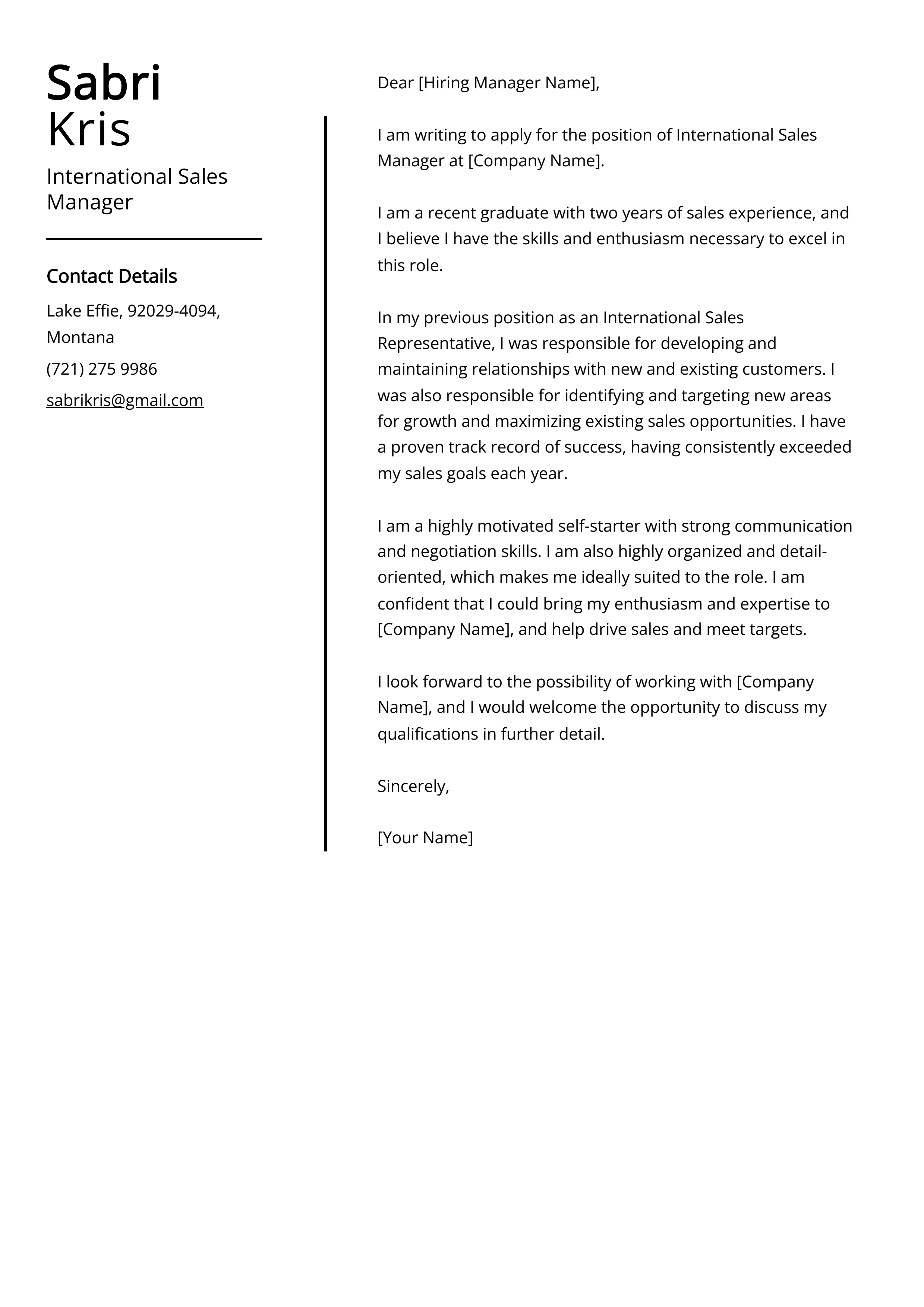 International Sales Manager Cover Letter Example