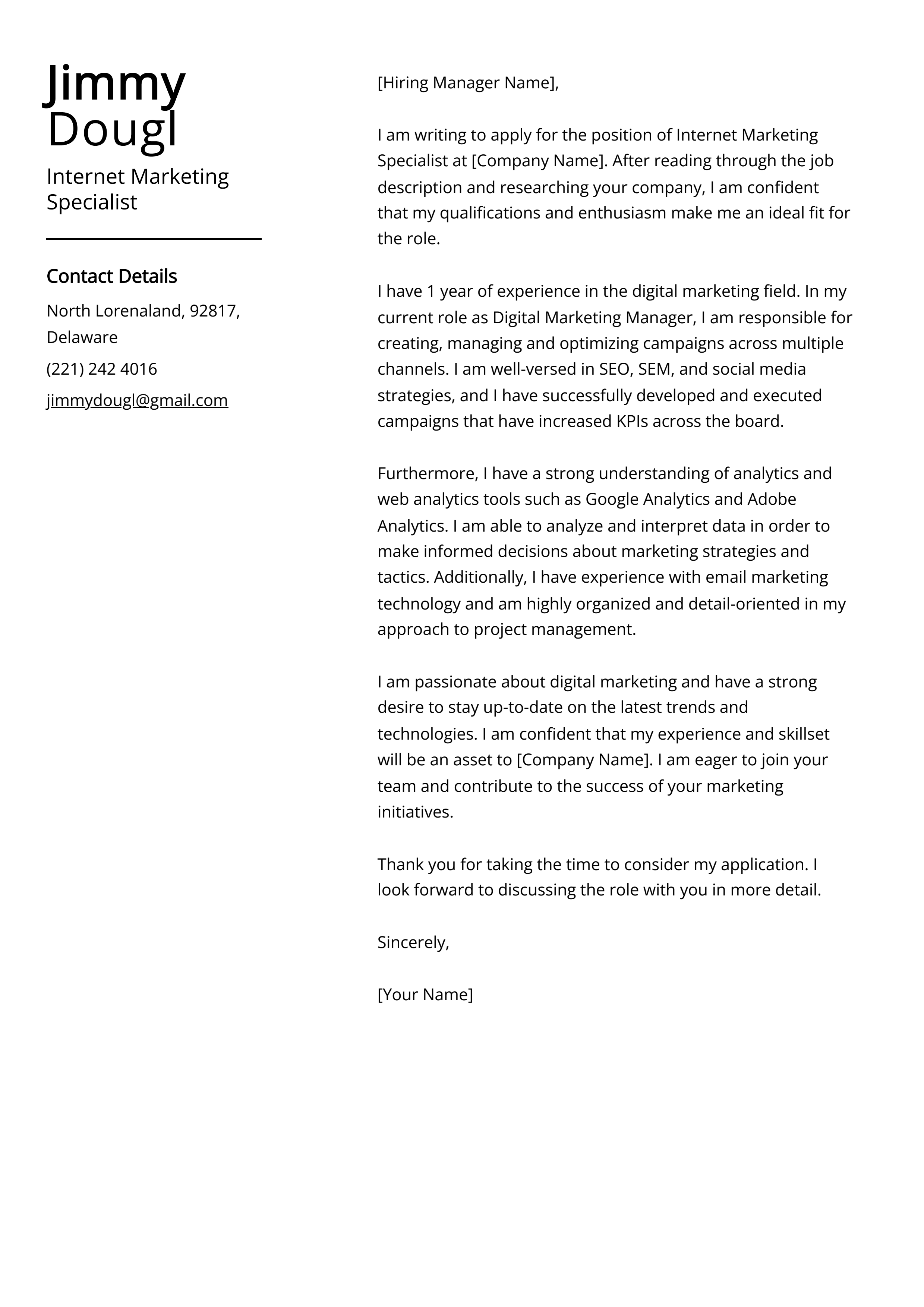 Internet Marketing Specialist Cover Letter Example