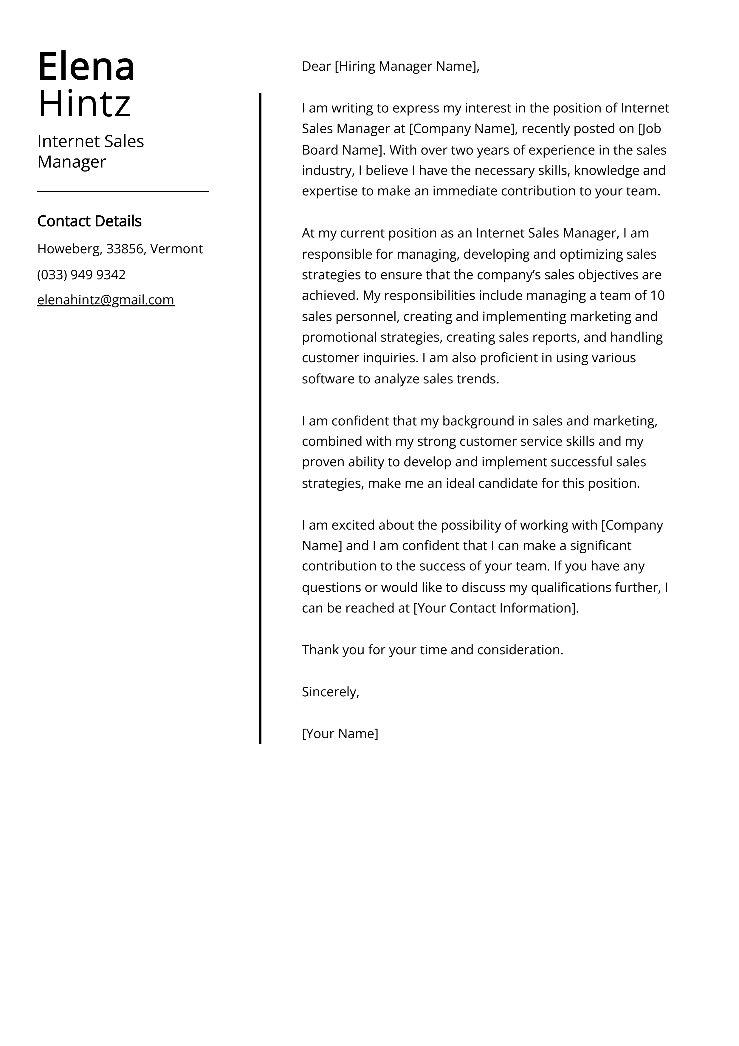 Internet Sales Manager Cover Letter Example