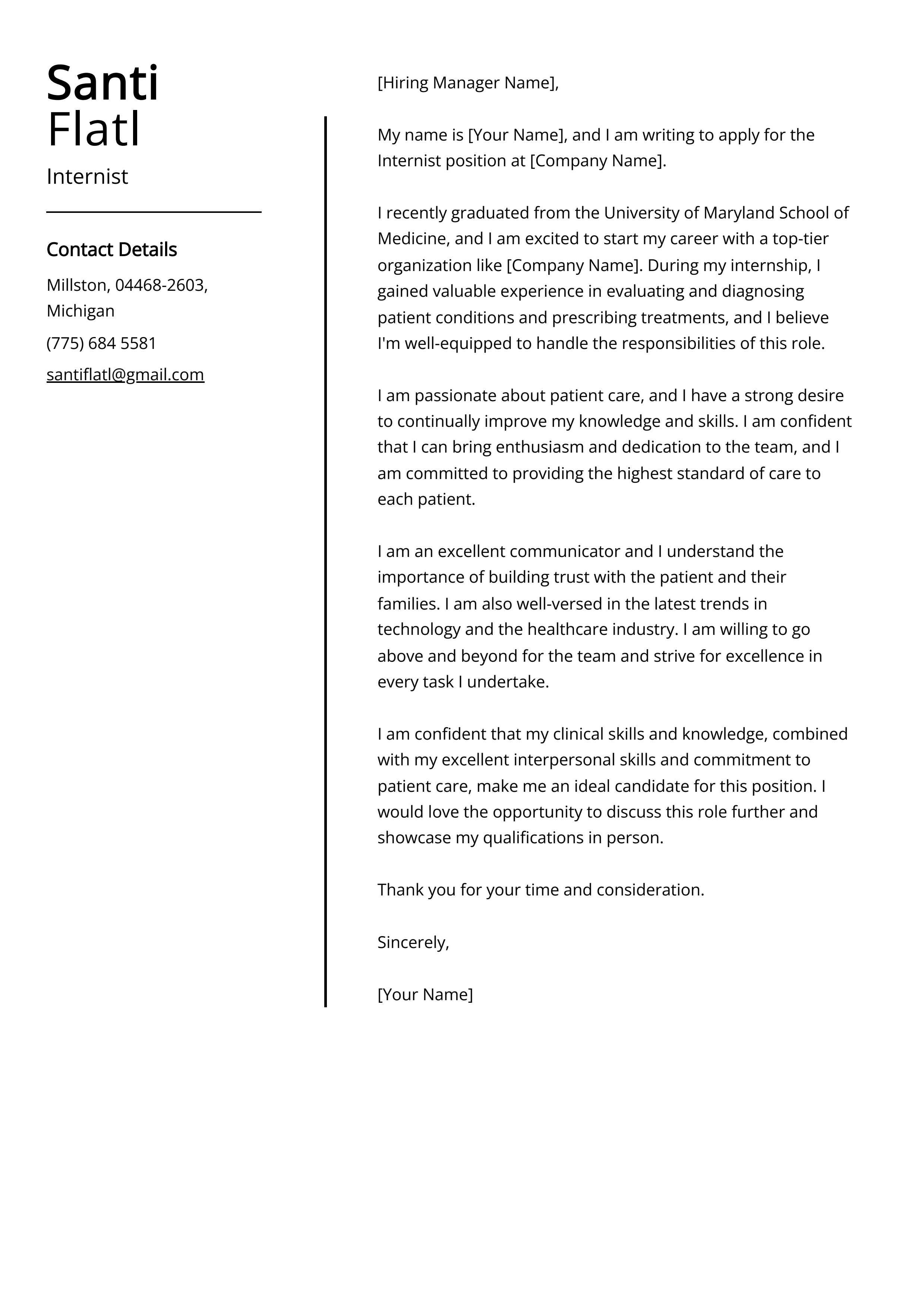 Internist Cover Letter Example