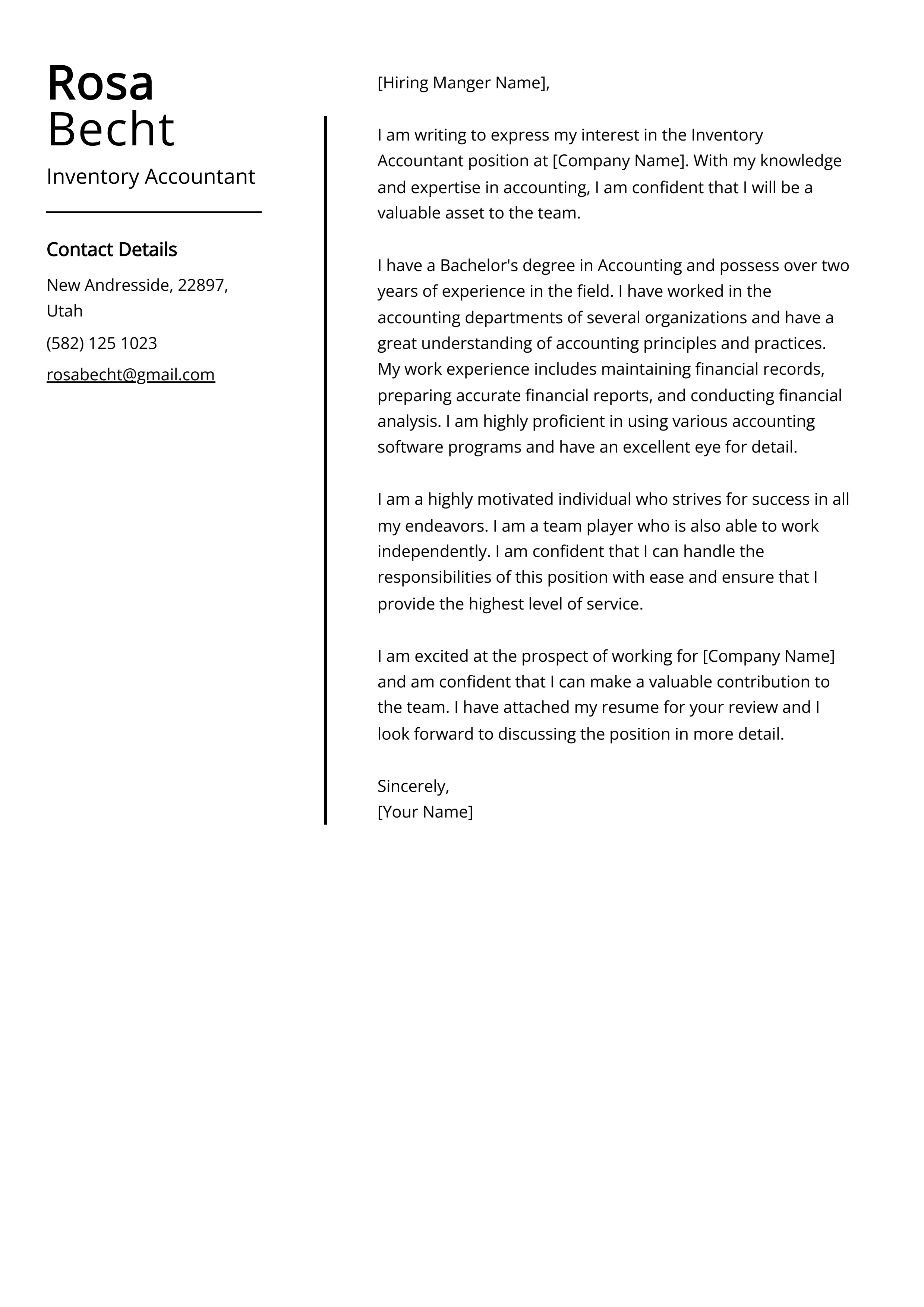 Inventory Accountant Cover Letter Example