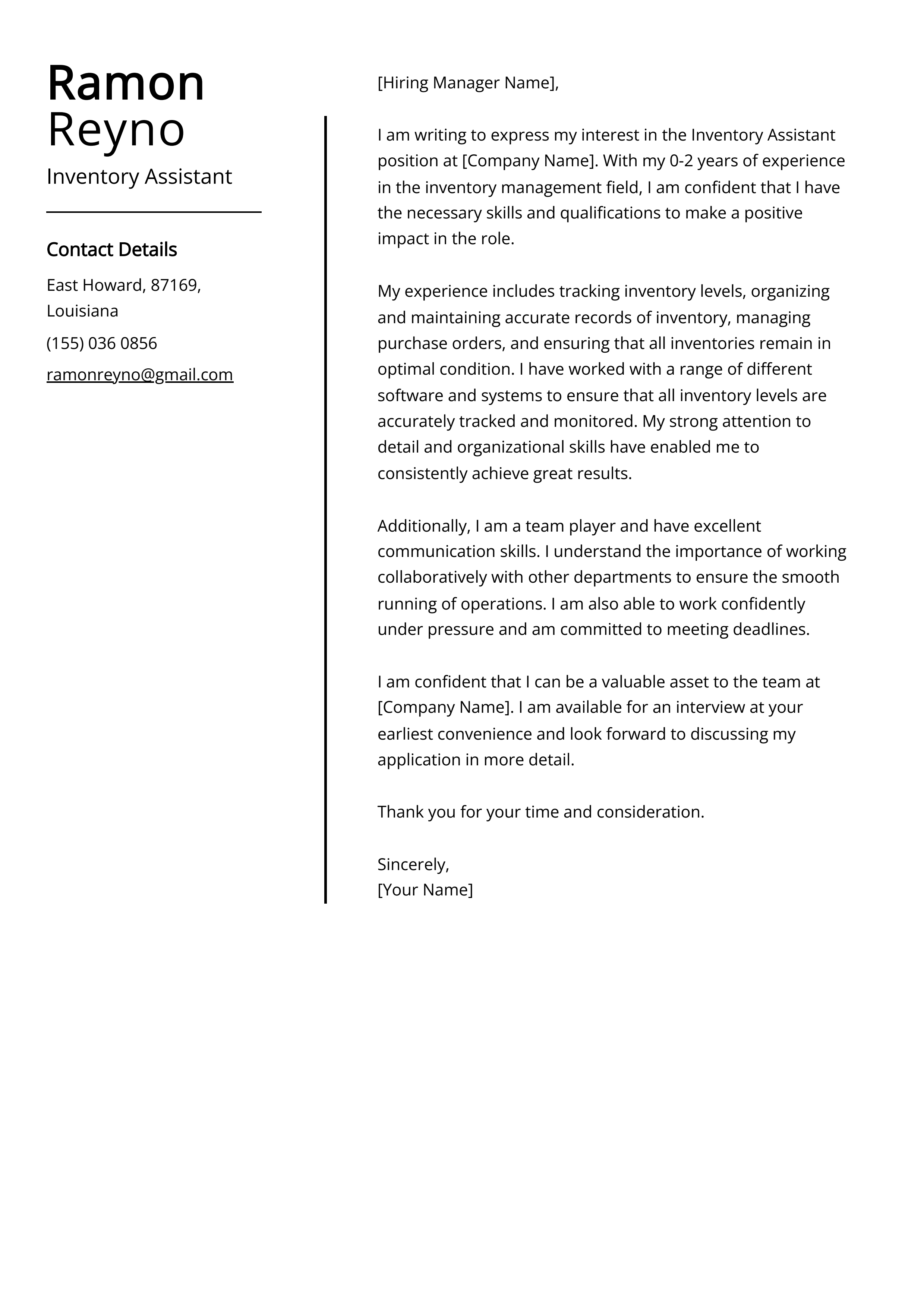 Inventory Assistant Cover Letter Example