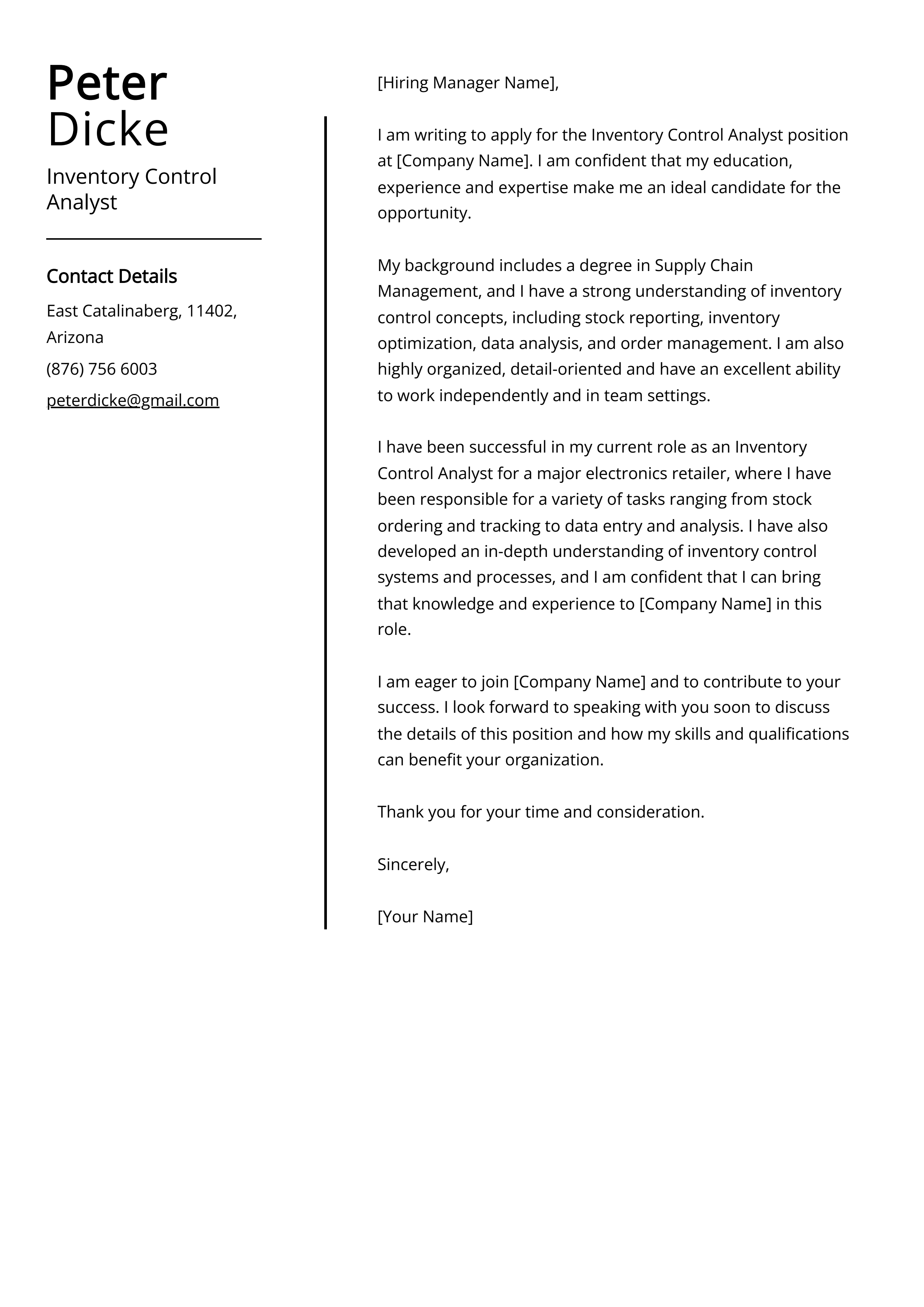 Inventory Control Analyst Cover Letter Example