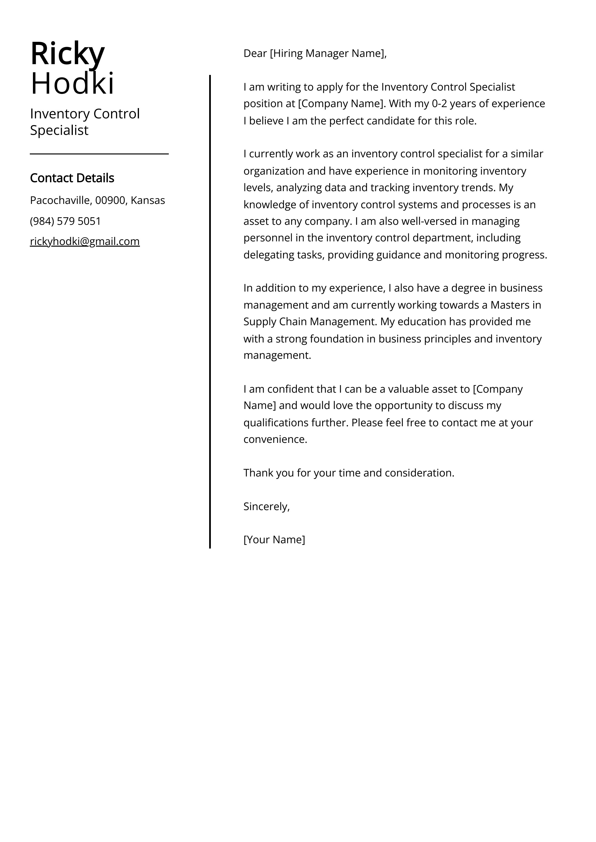 Inventory Control Specialist Cover Letter Example