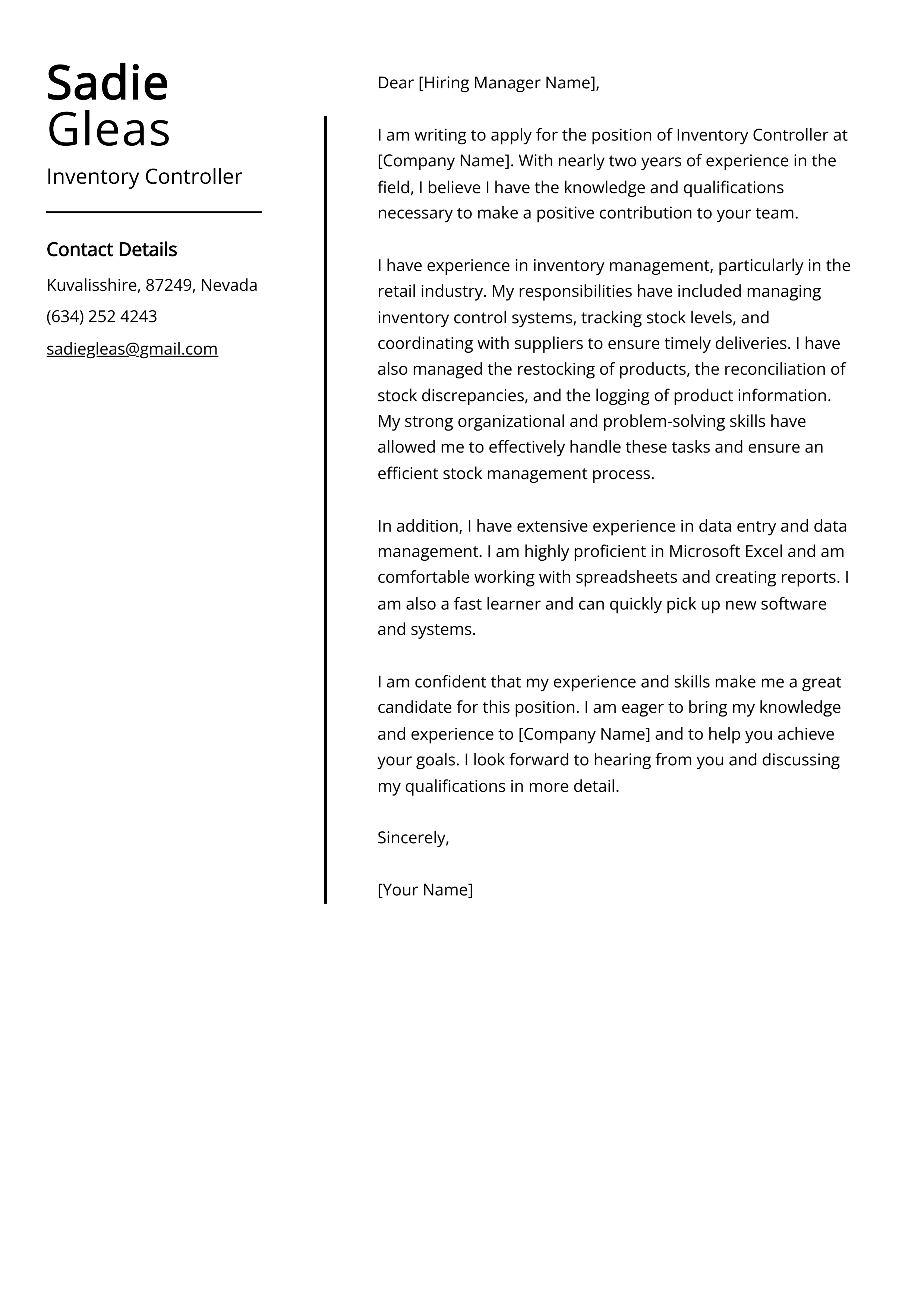 Inventory Controller Cover Letter Example