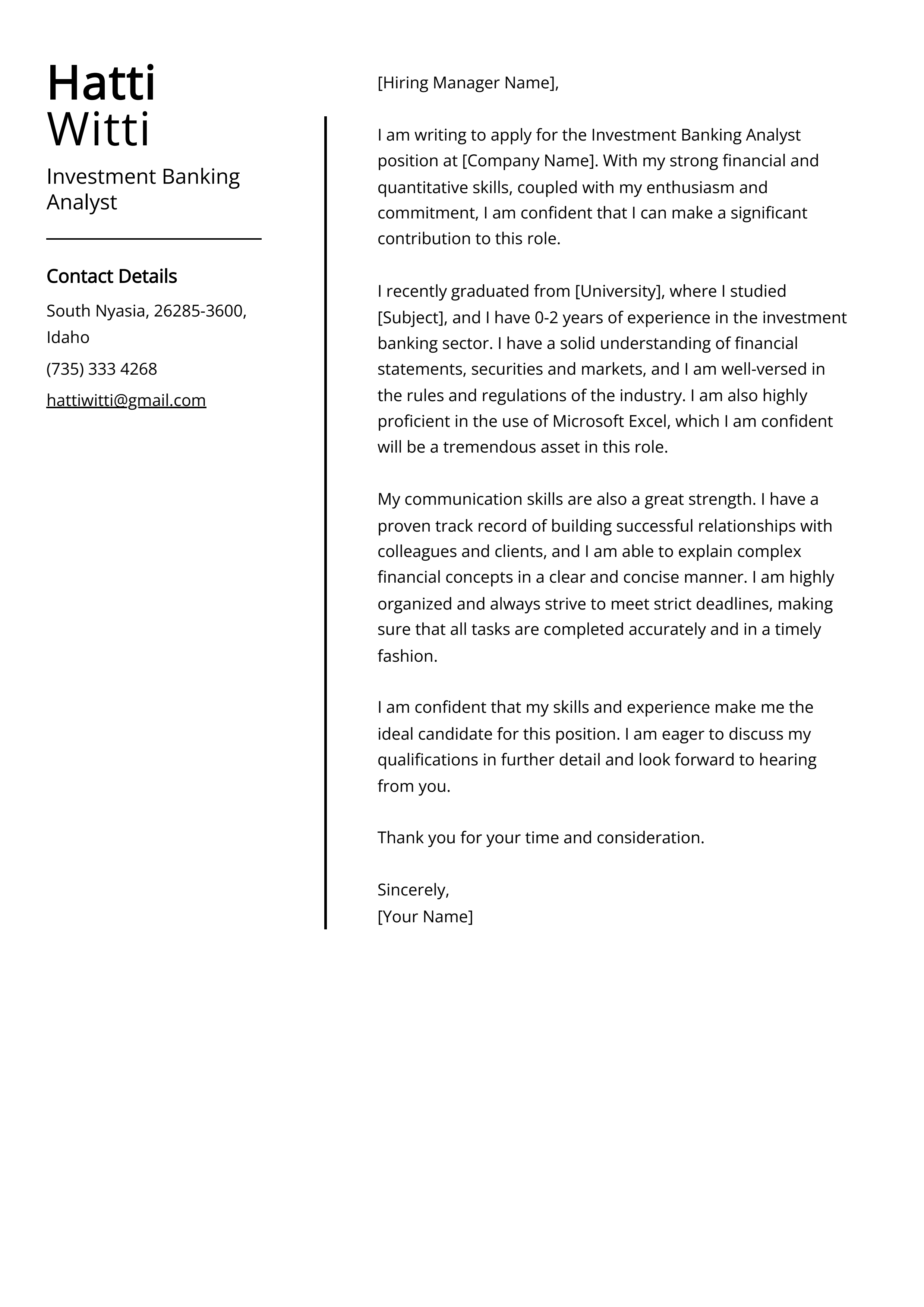 Investment Banking Analyst Cover Letter Example