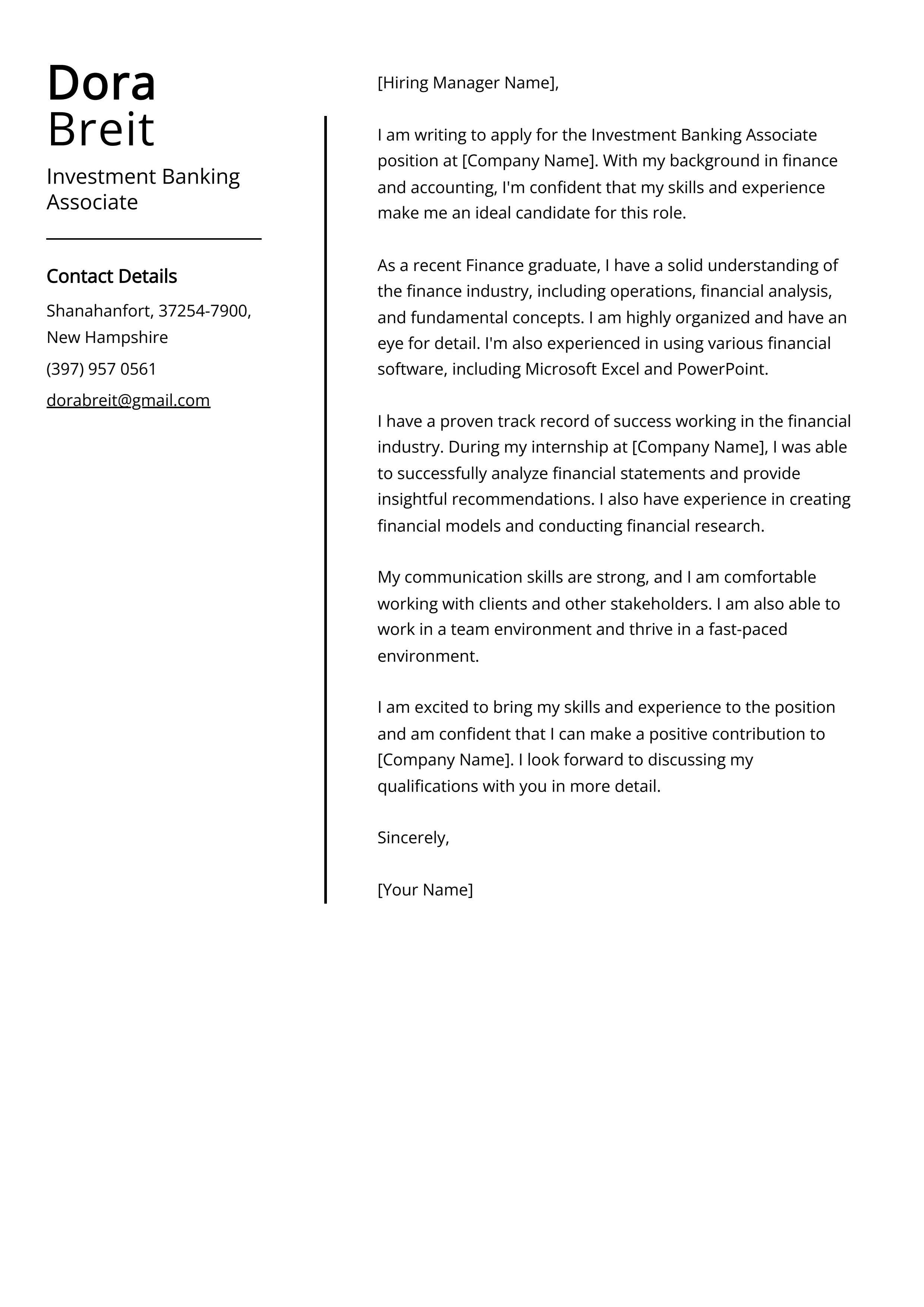 Investment Banking Associate Cover Letter Example
