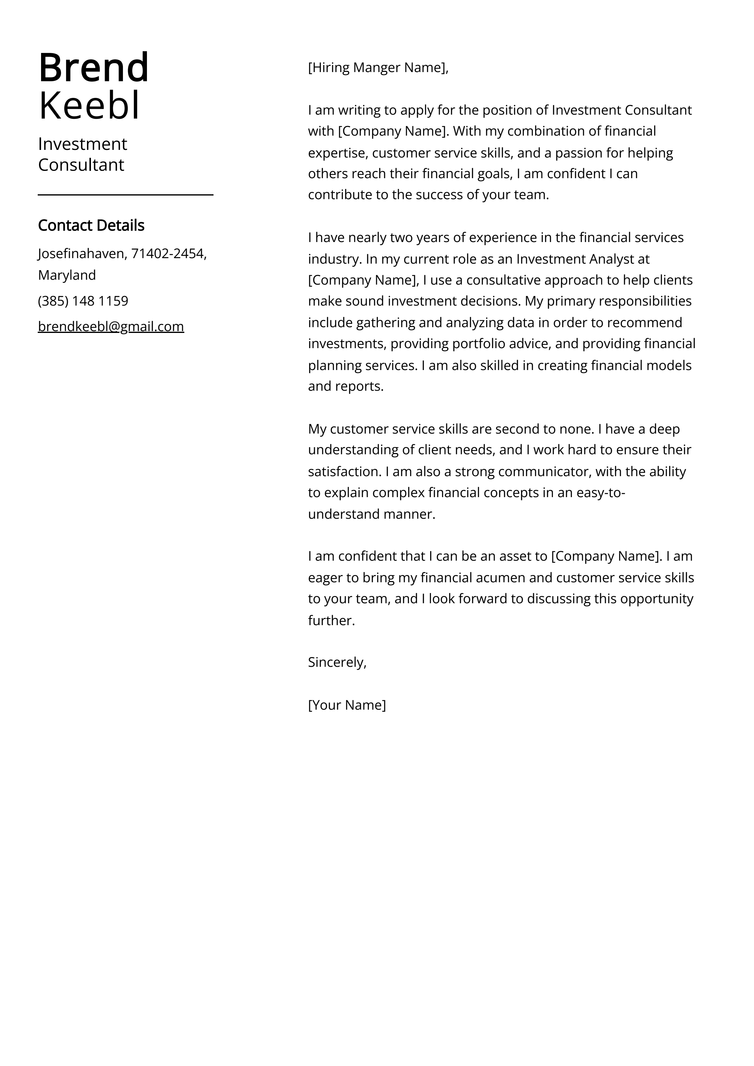 Investment Consultant Cover Letter Example