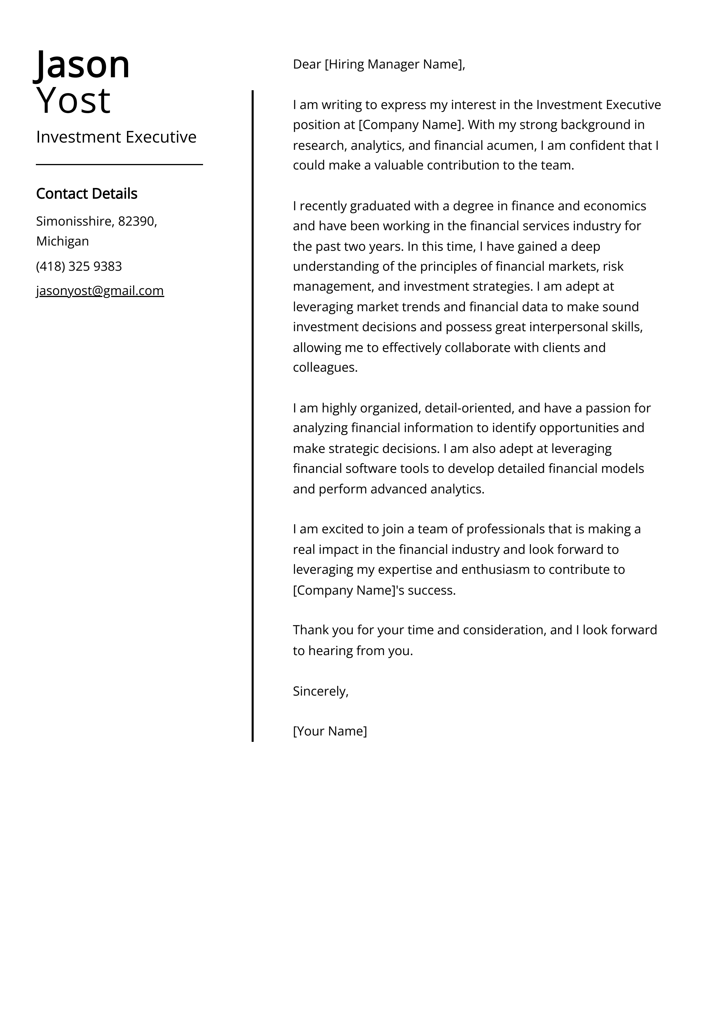 Investment Executive Cover Letter Example