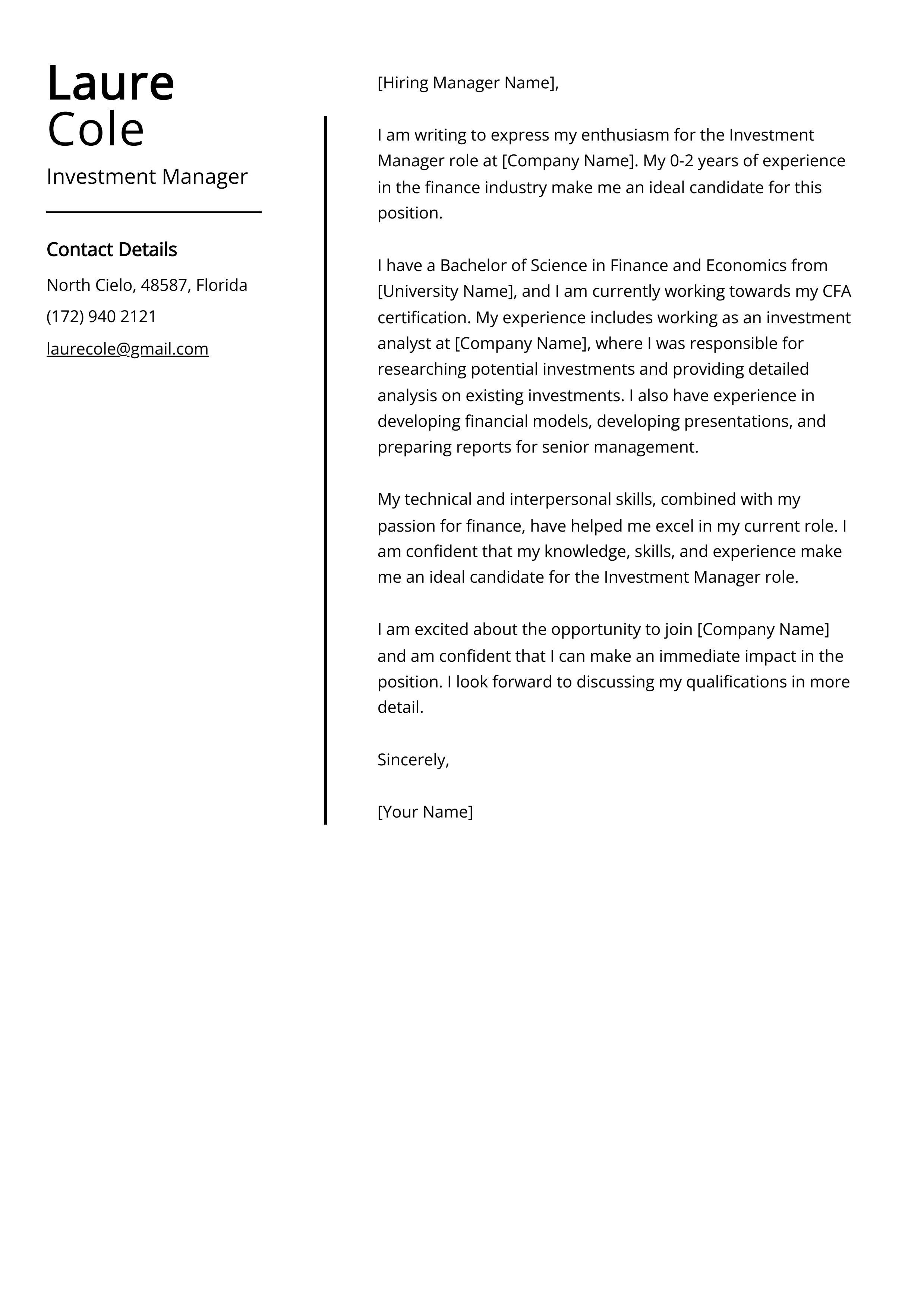 Investment Manager Cover Letter Example