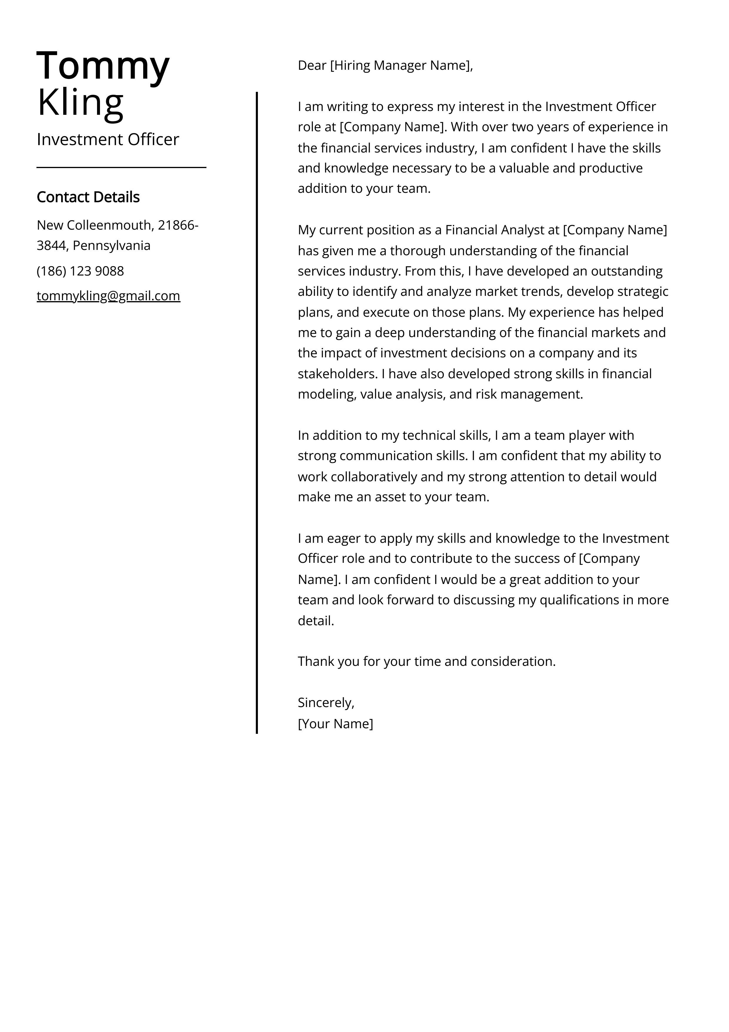 Investment Officer Cover Letter Example