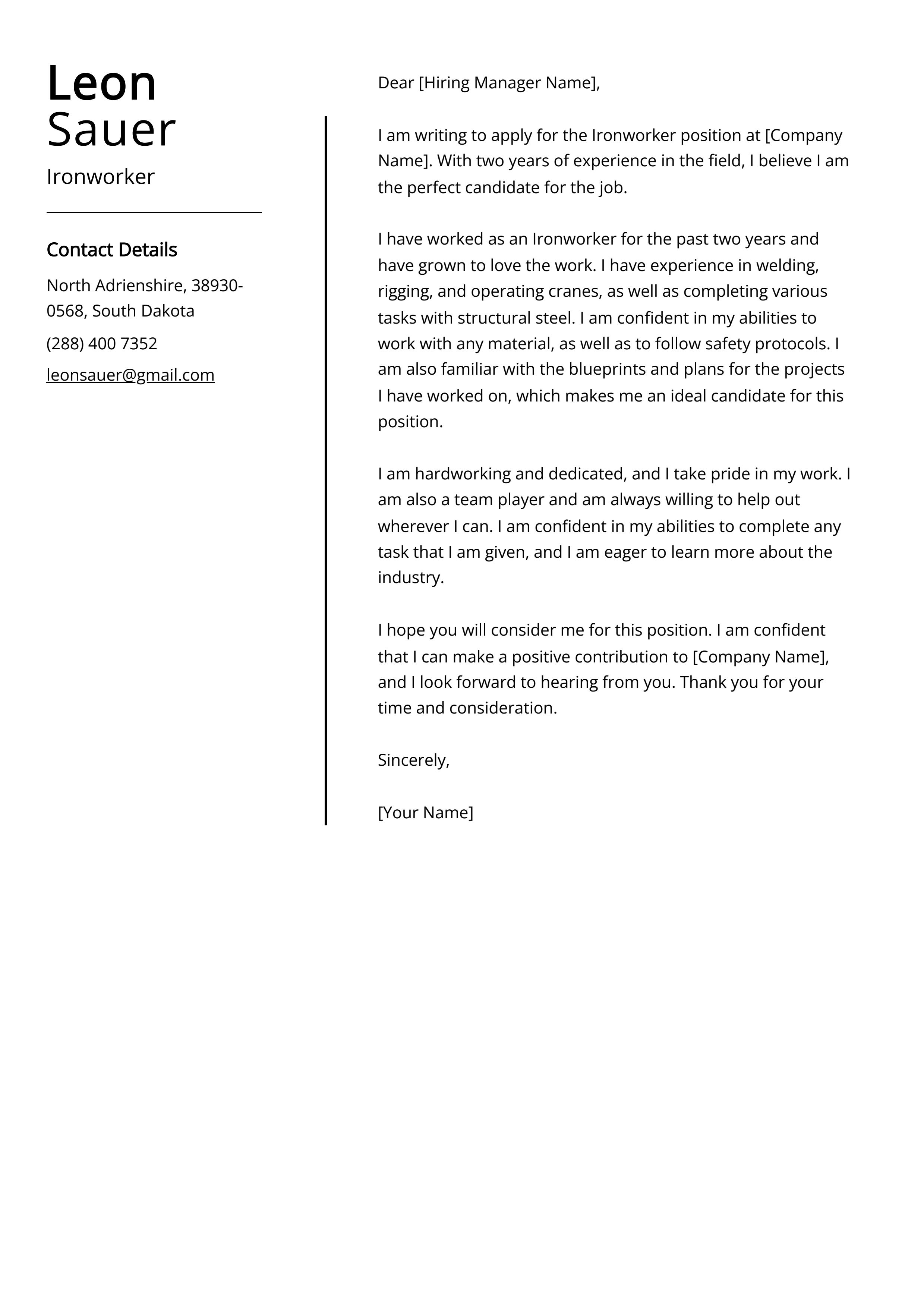 Ironworker Cover Letter Example