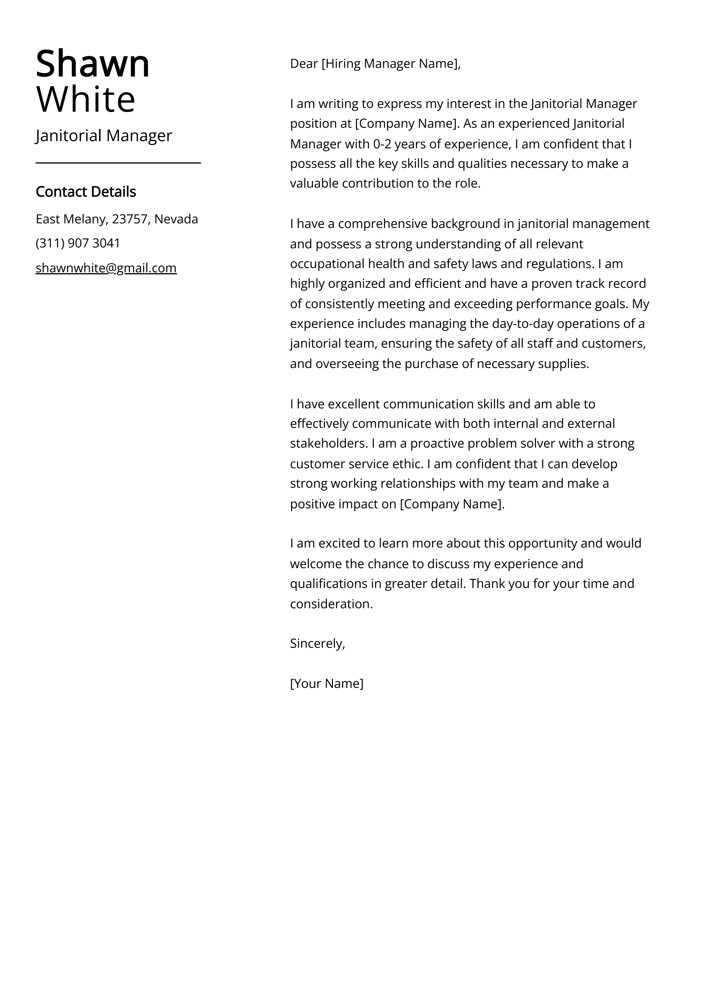 Janitorial Manager Cover Letter Example