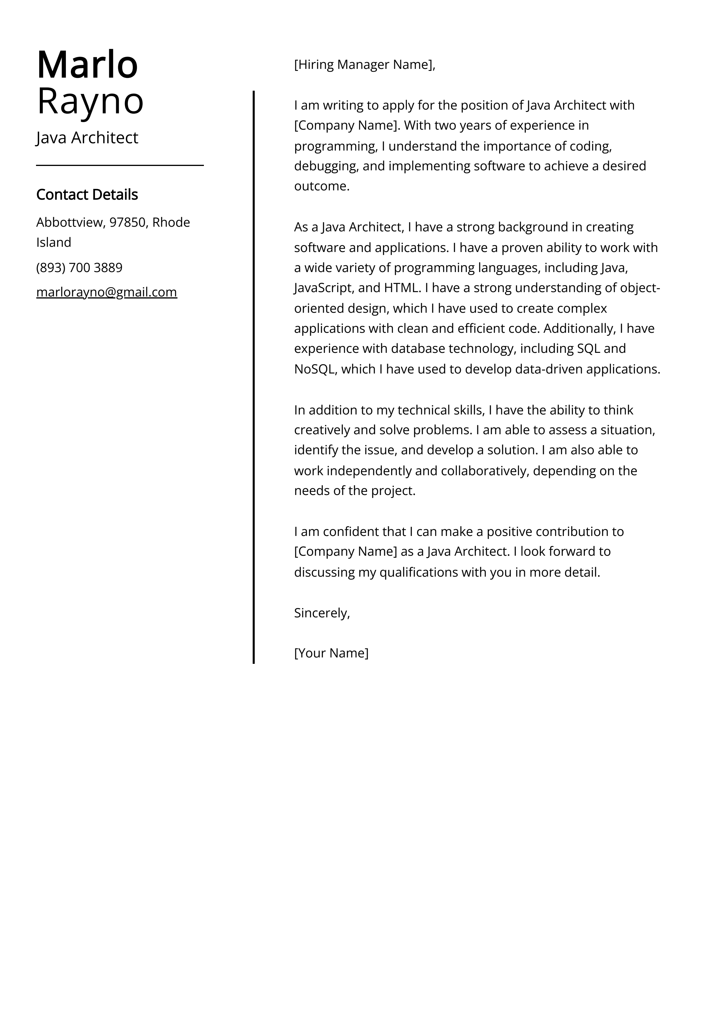 Java Architect Cover Letter Example