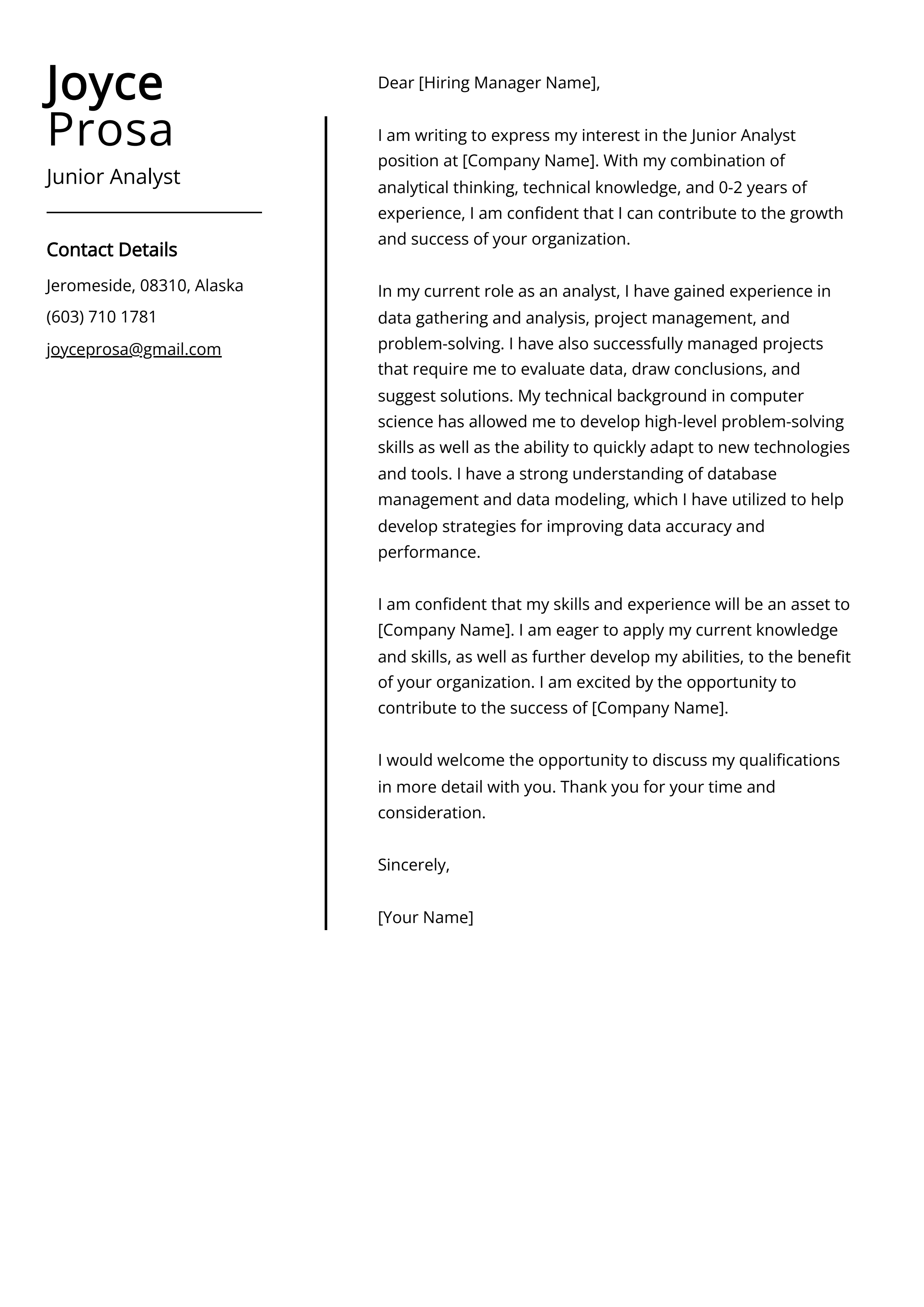 Junior Analyst Cover Letter Example