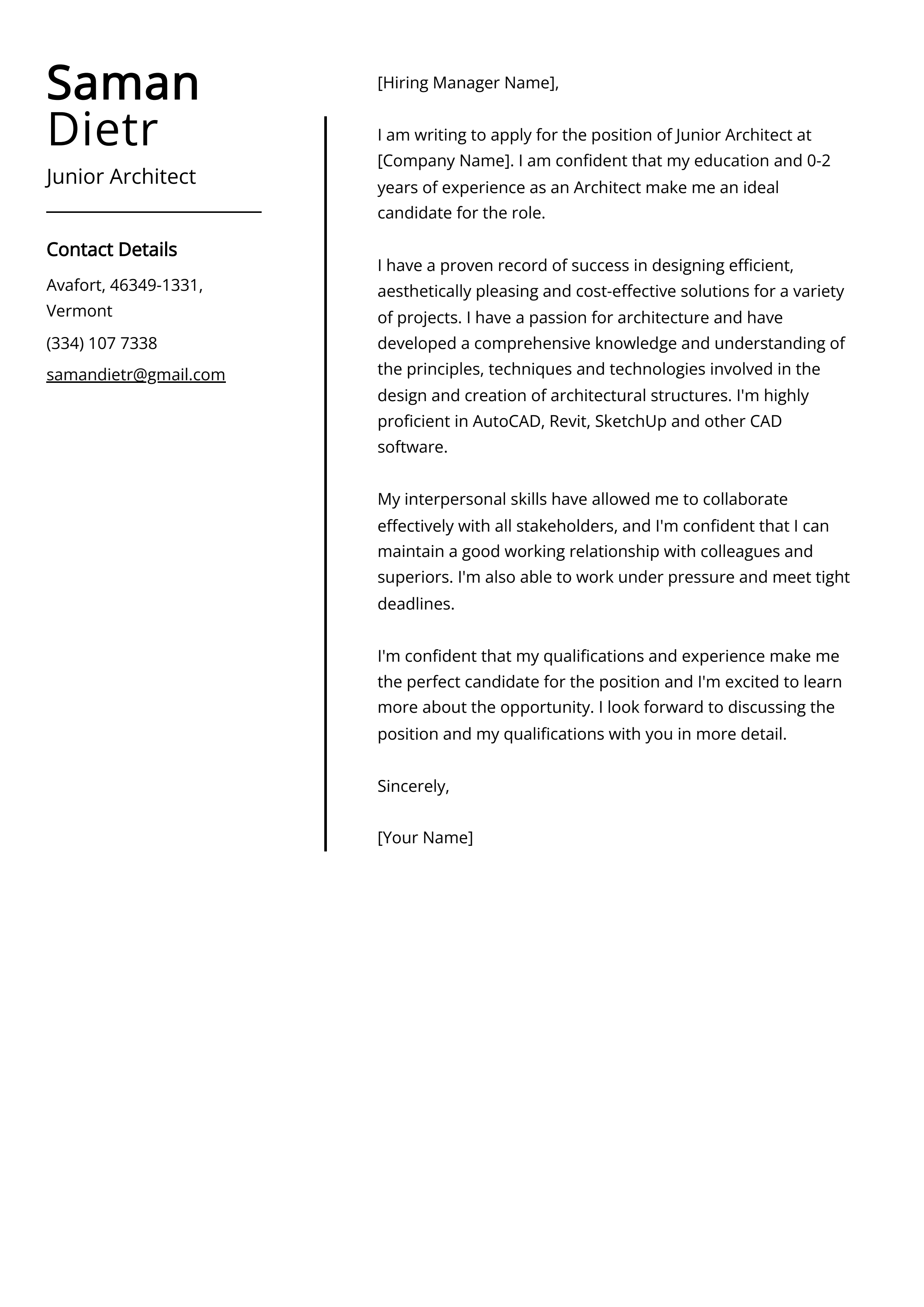 Junior Architect Cover Letter Example