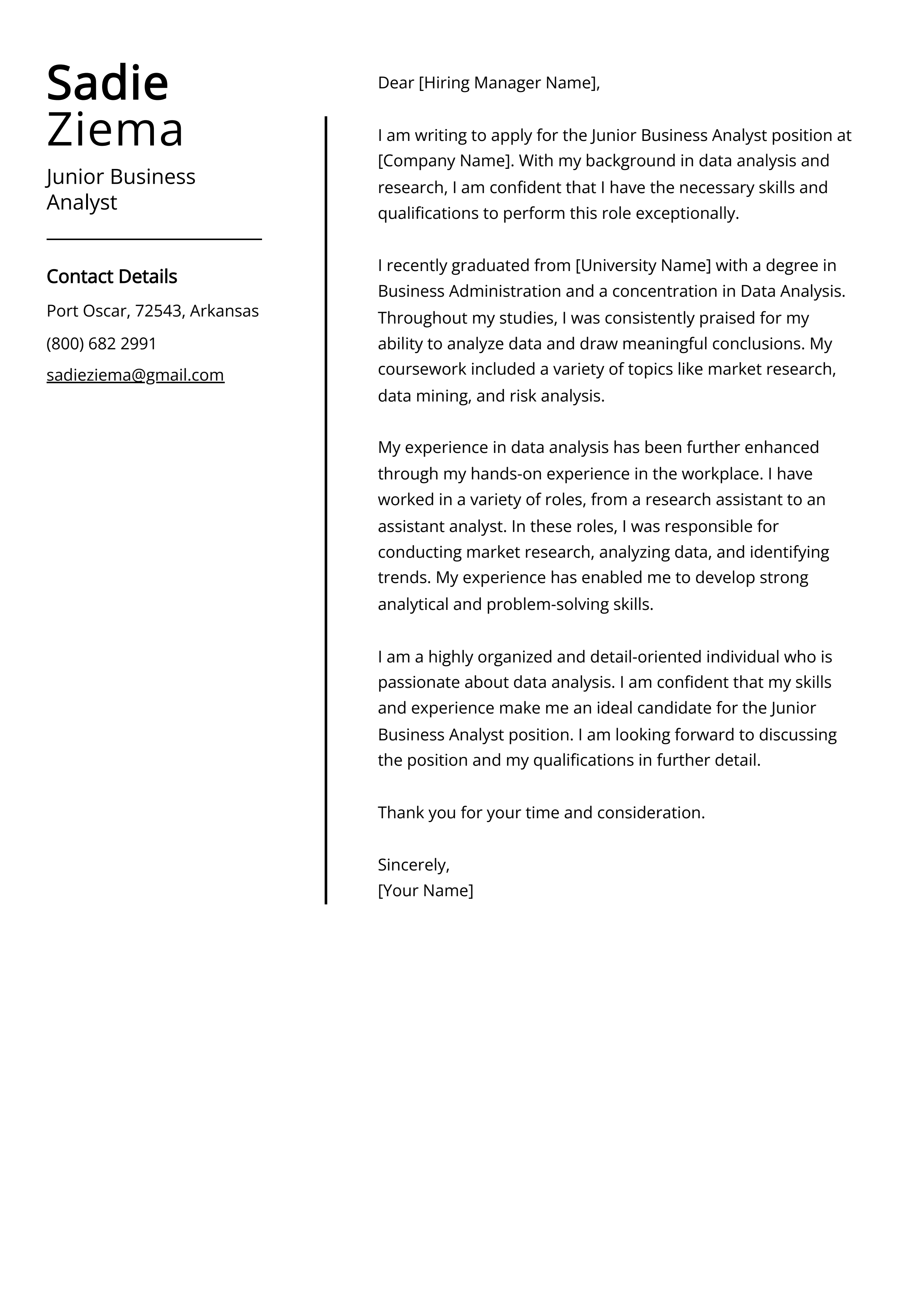 Junior Business Analyst Cover Letter Example