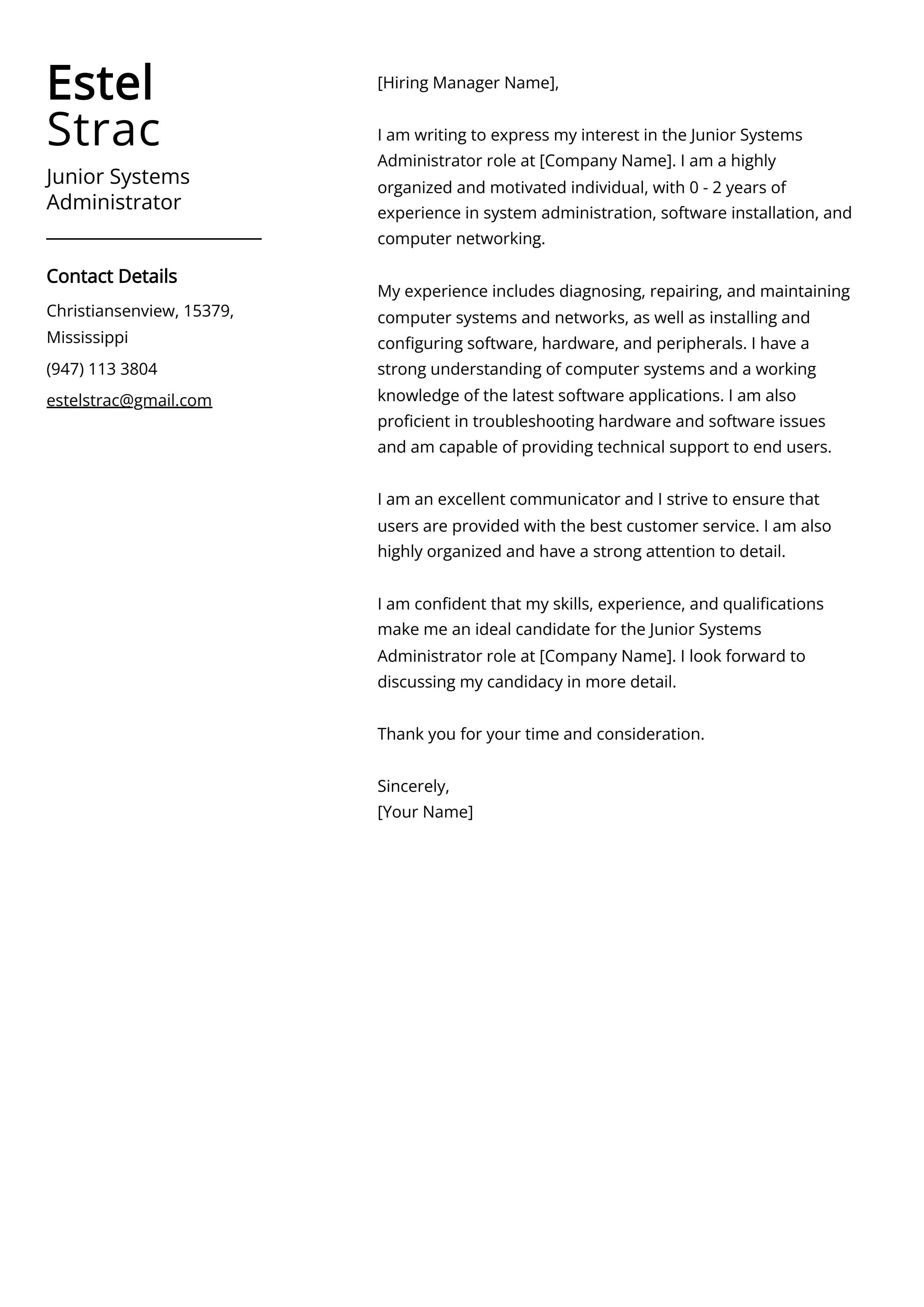 Junior Systems Administrator Cover Letter Example