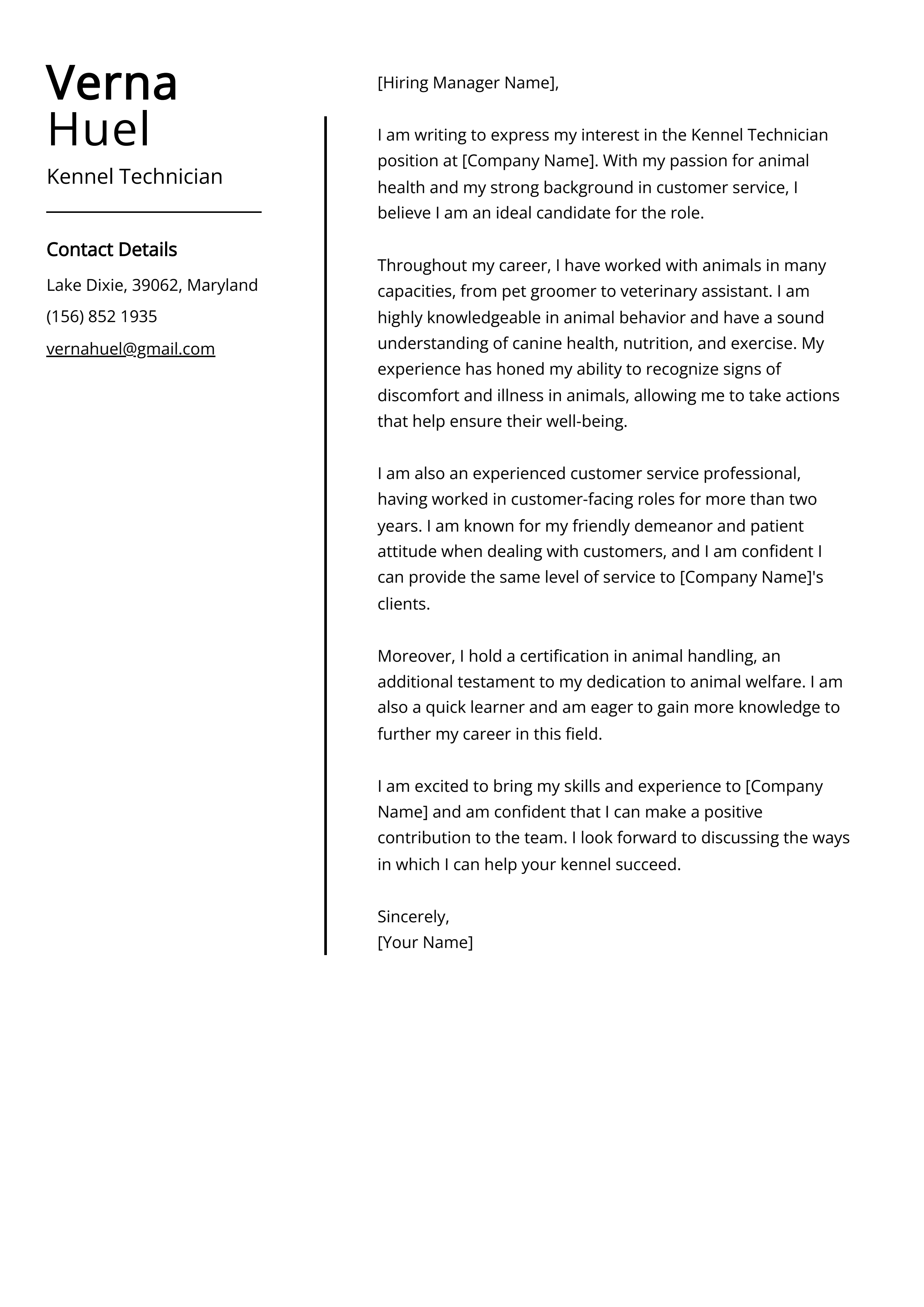 Kennel Technician Cover Letter Example