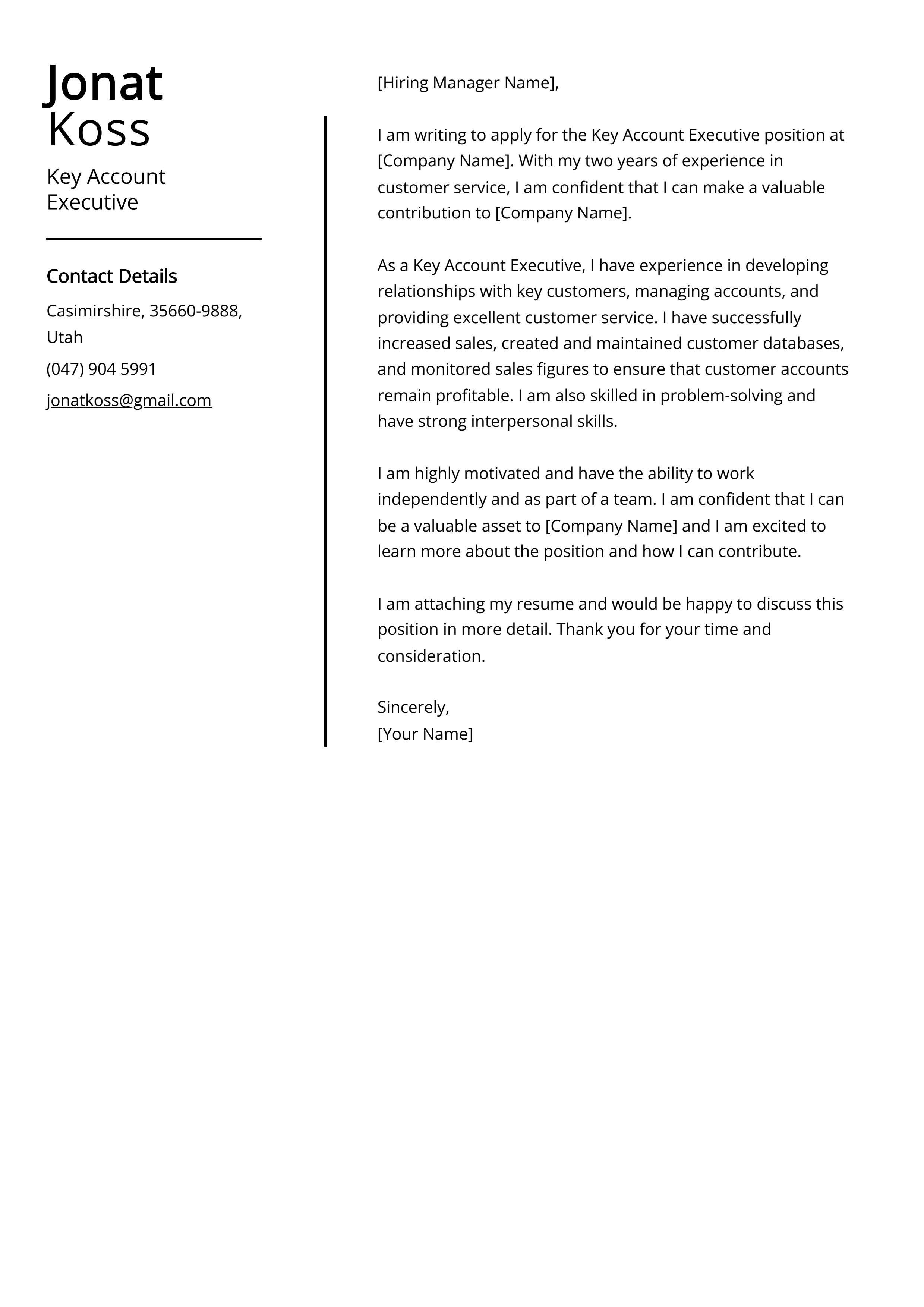 Key Account Executive Cover Letter Example