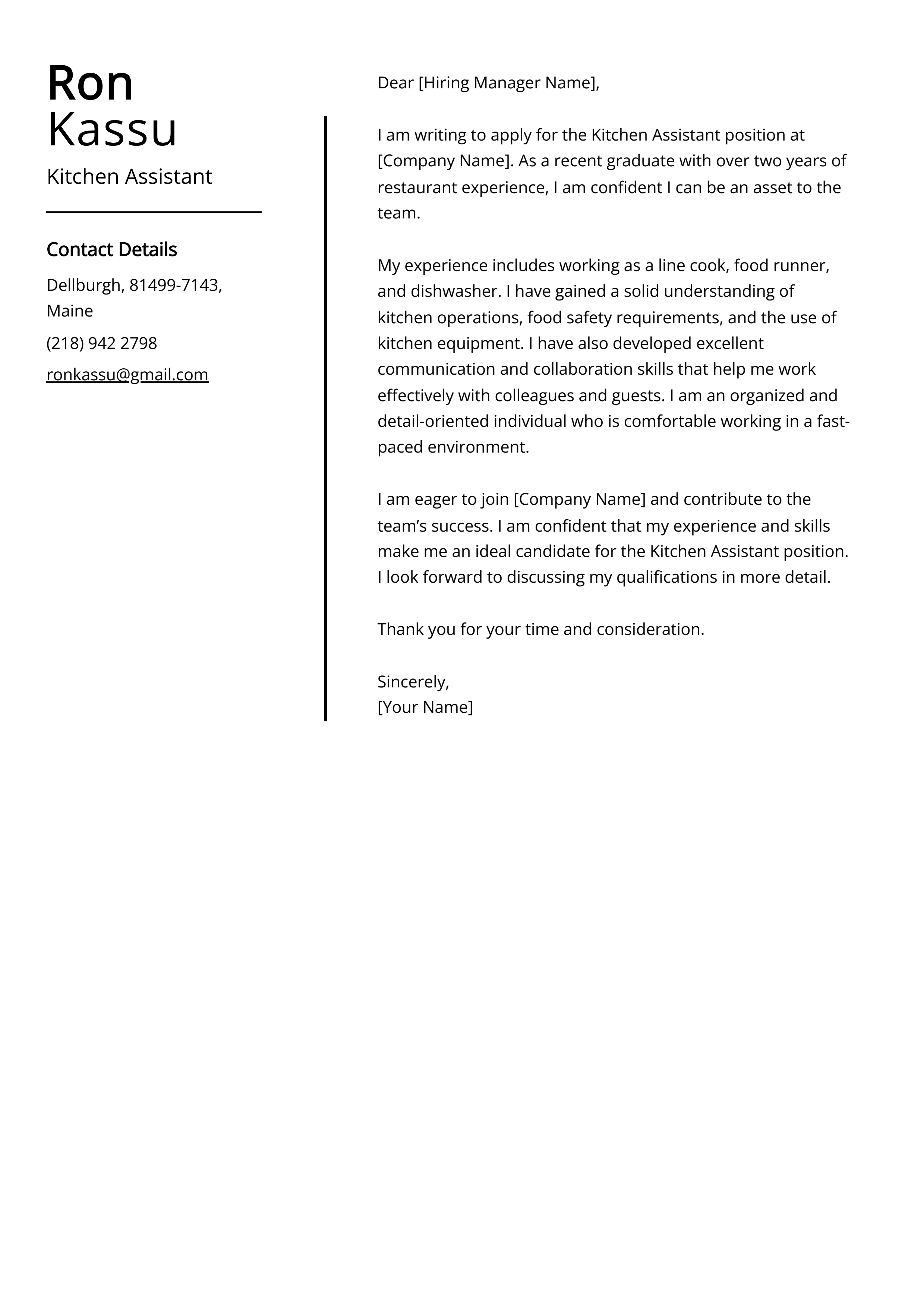 Kitchen Assistant Cover Letter Example