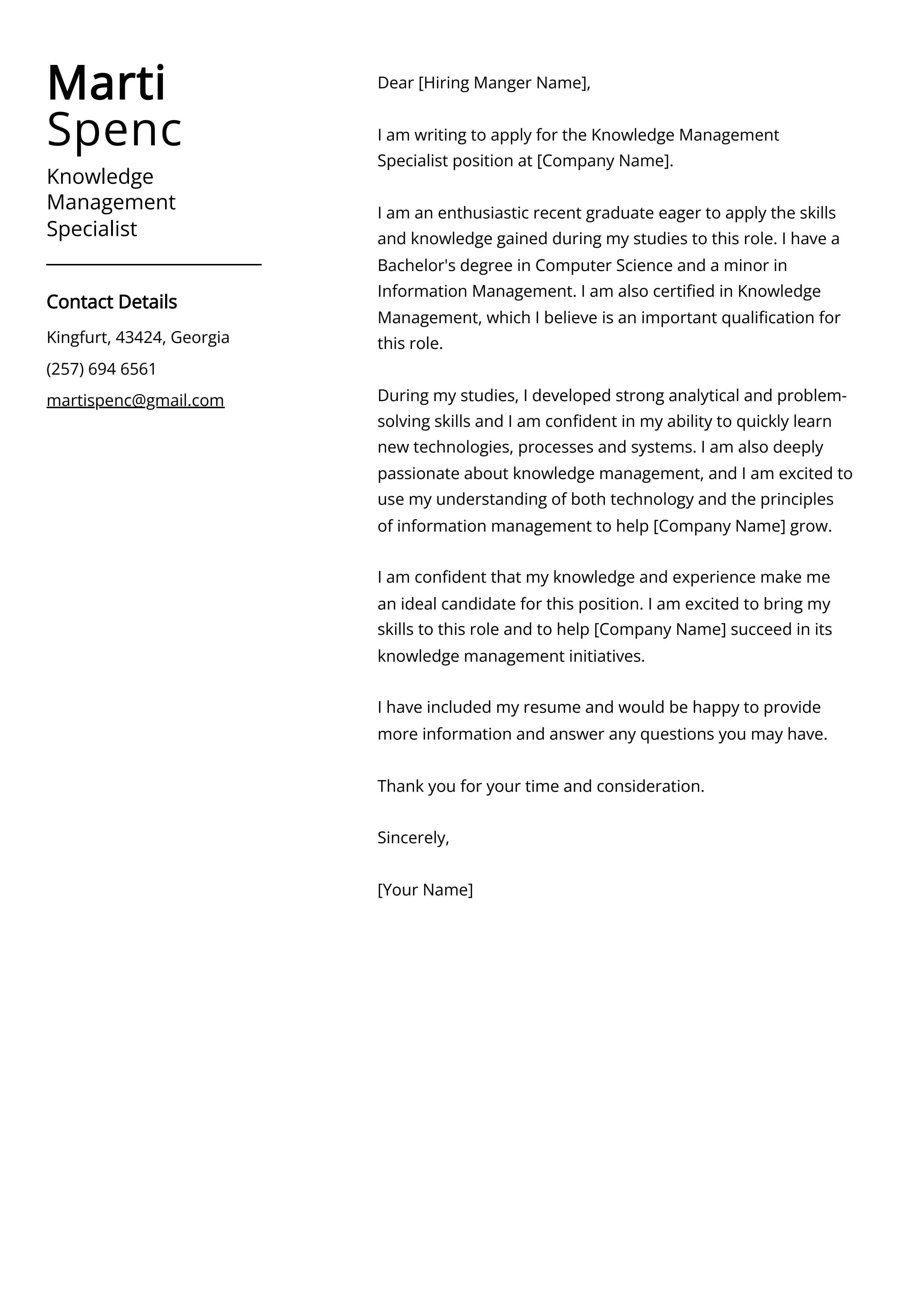 Knowledge Management Specialist Cover Letter Example