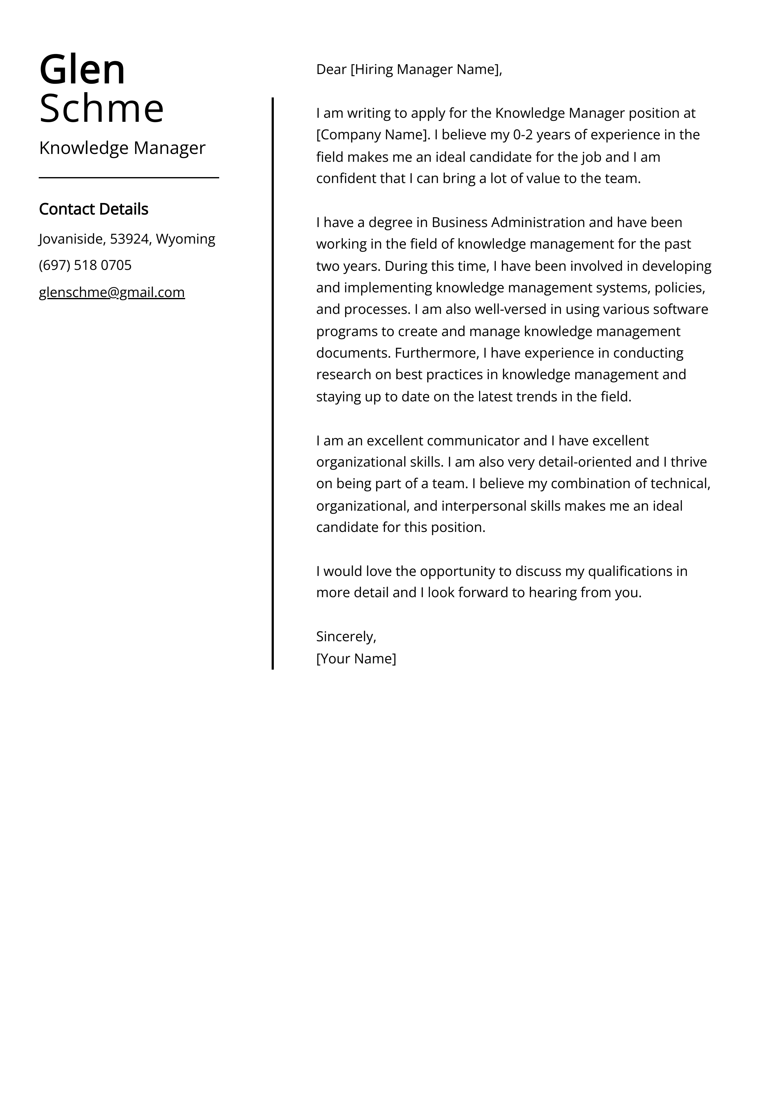 Knowledge Manager Cover Letter Example