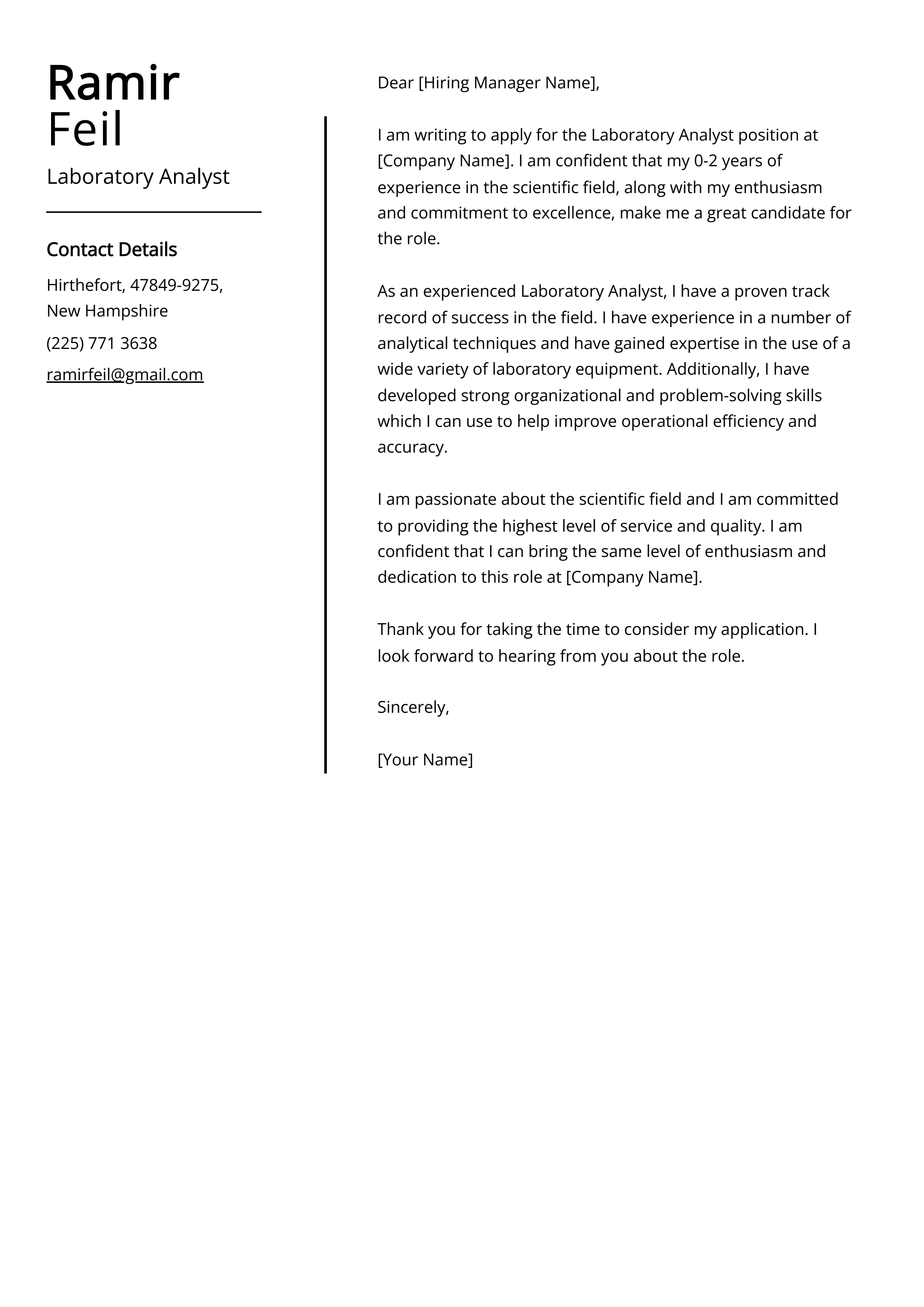Laboratory Analyst Cover Letter Example