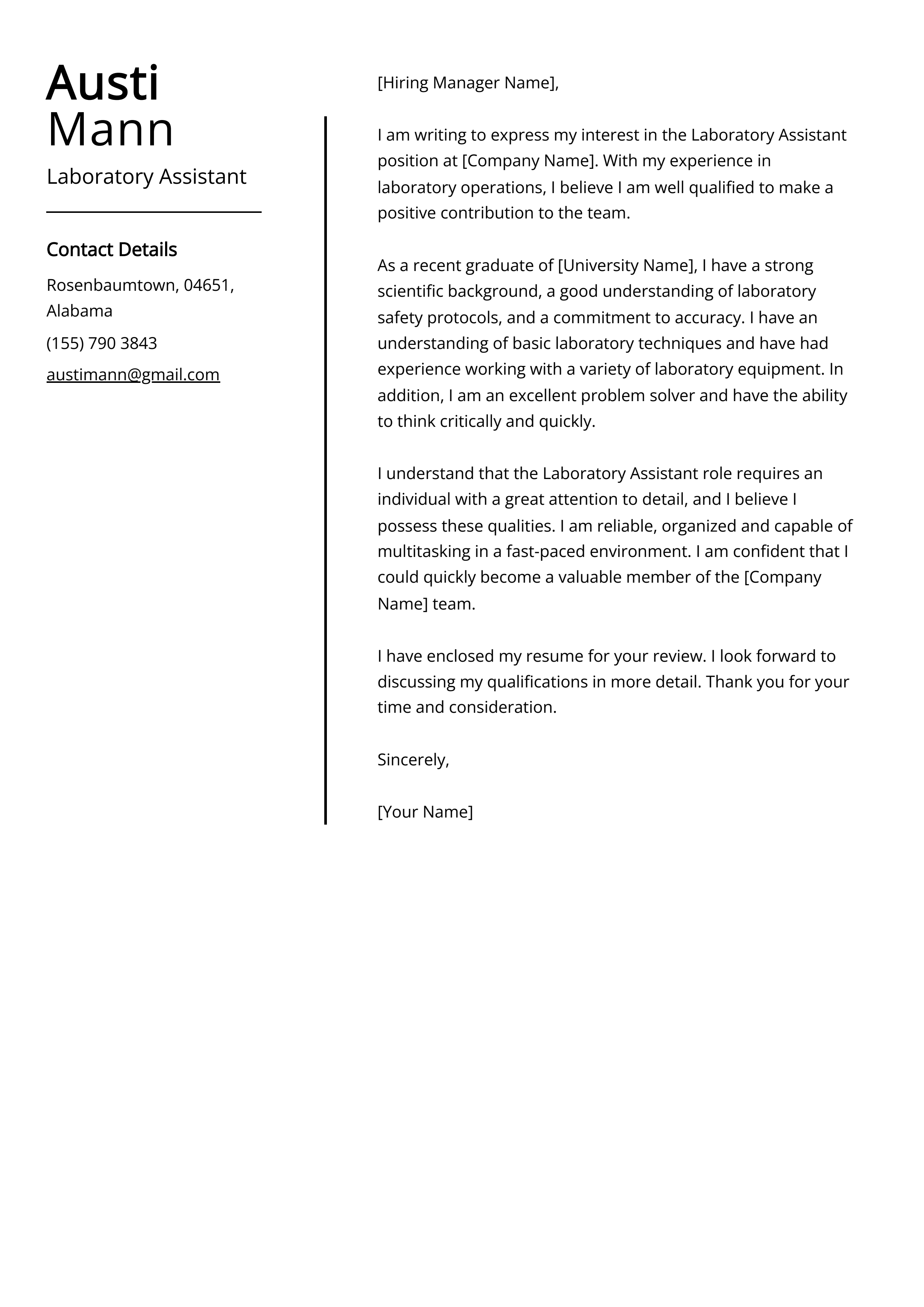 Laboratory Assistant Cover Letter Example