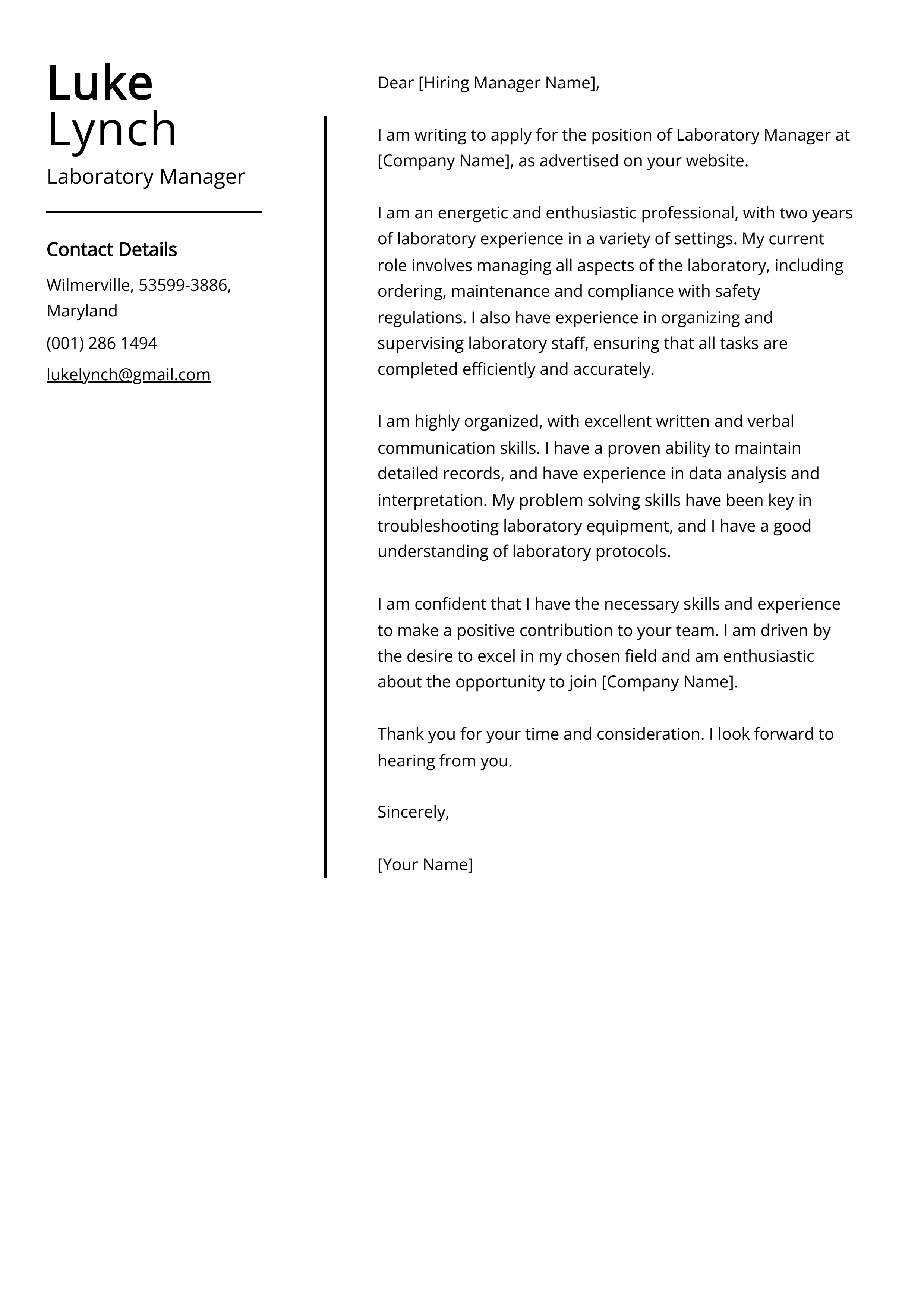 Laboratory Manager Cover Letter Example