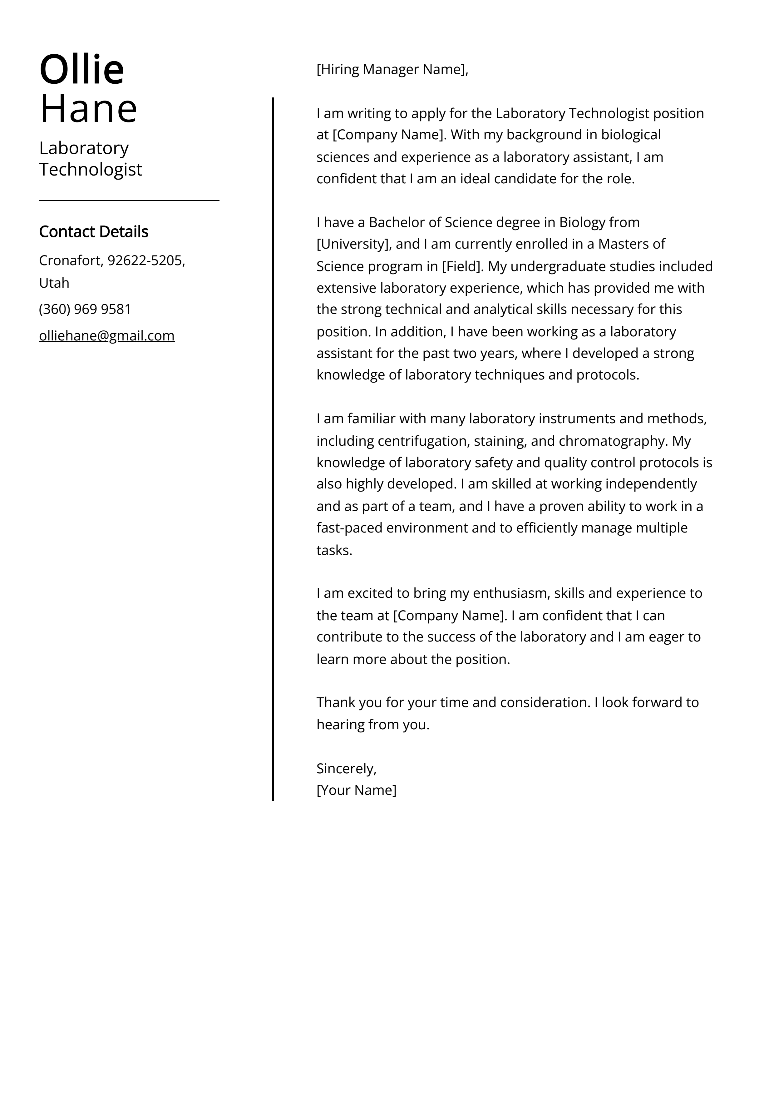 Laboratory Technologist Cover Letter Example