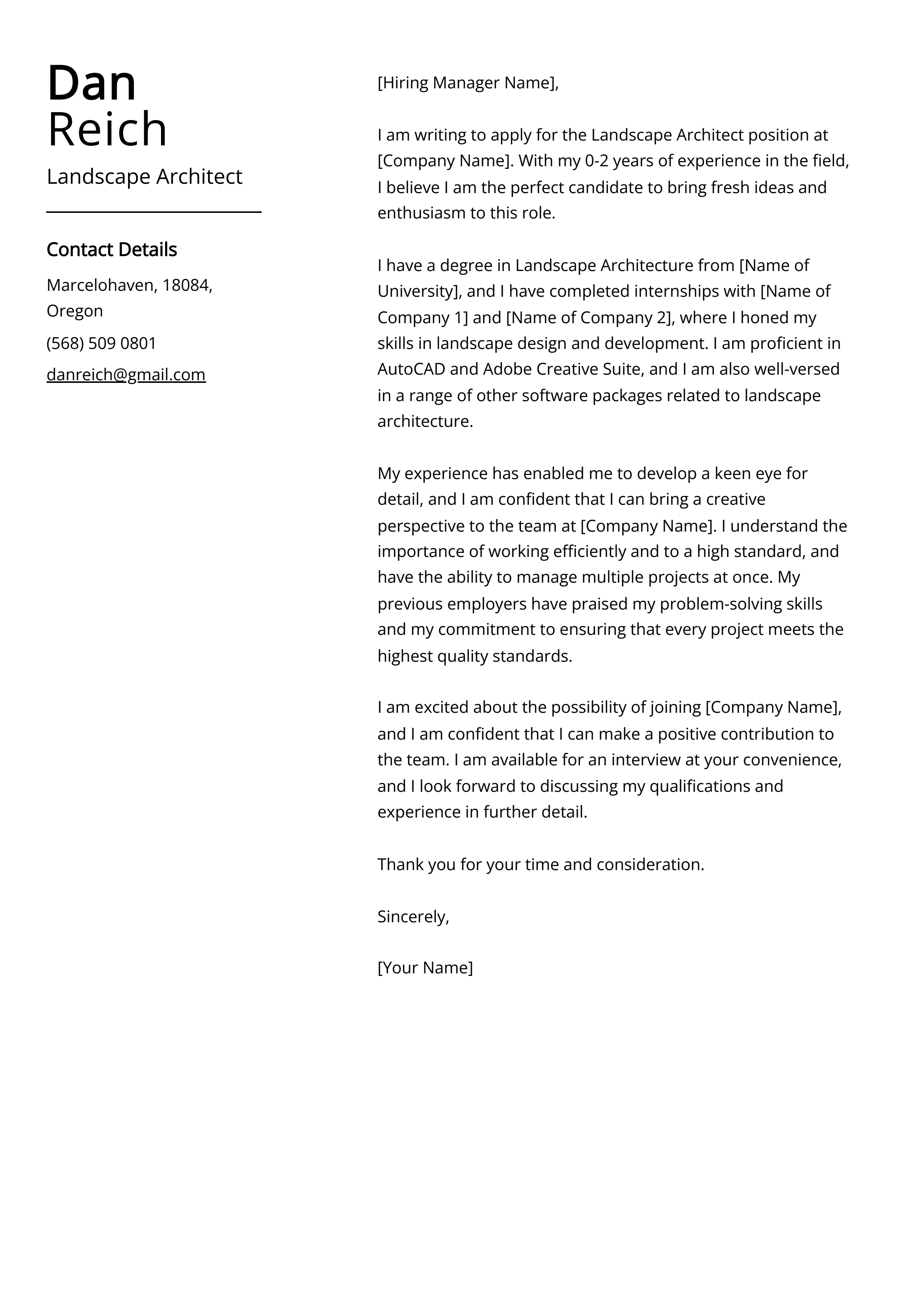 Landscape Architect Cover Letter Example