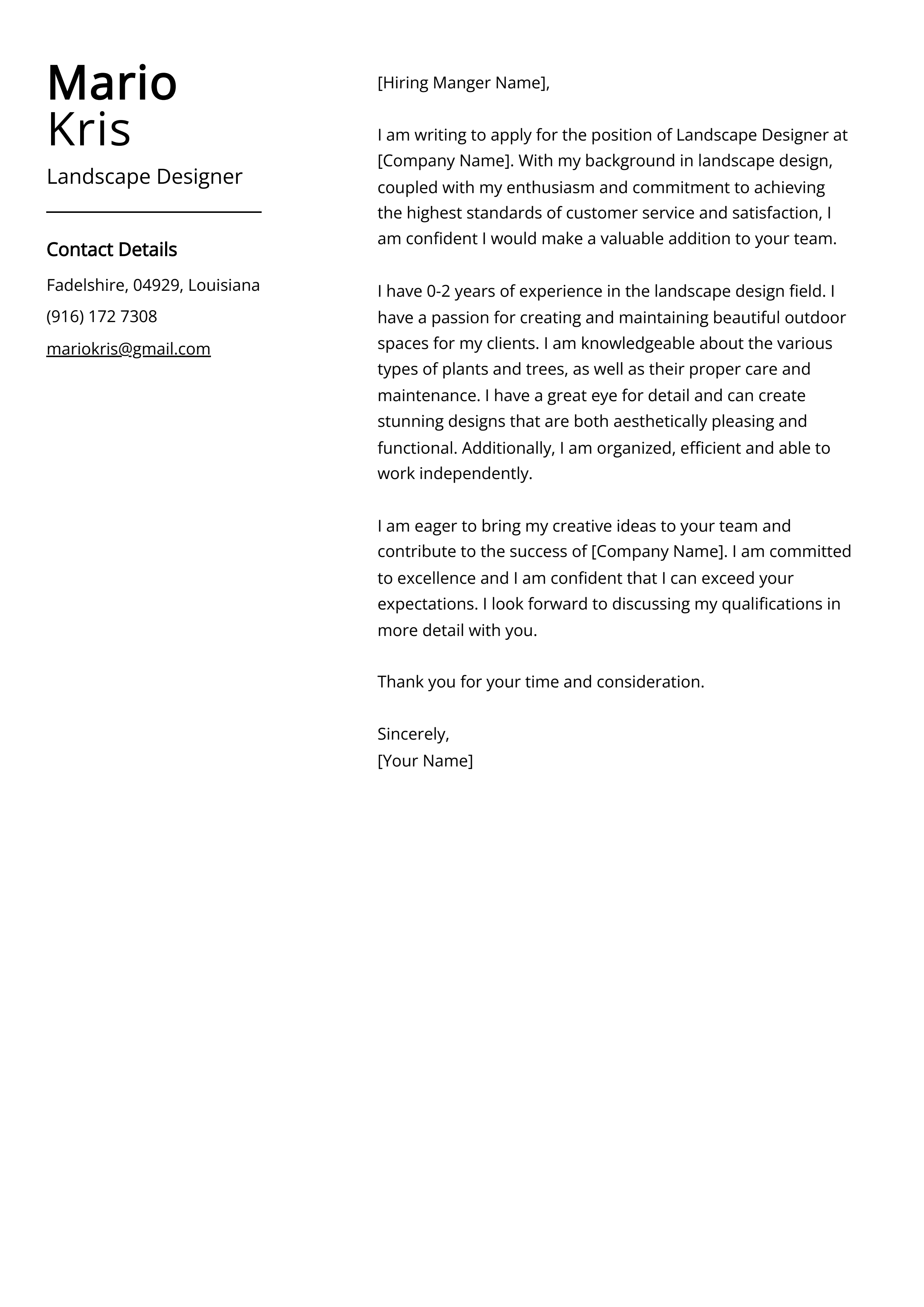 Landscape Designer Cover Letter Example