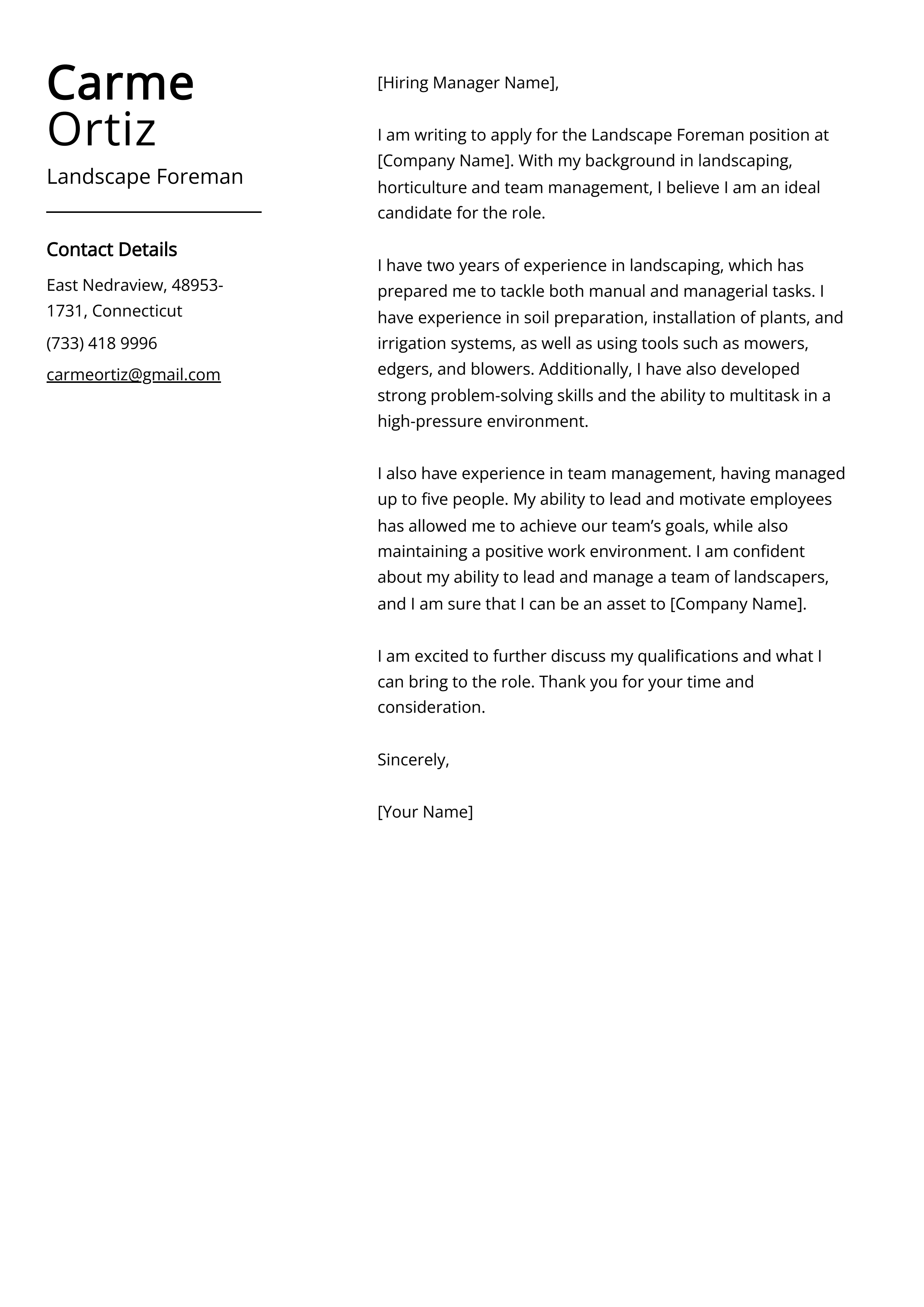 Landscape Foreman Cover Letter Example