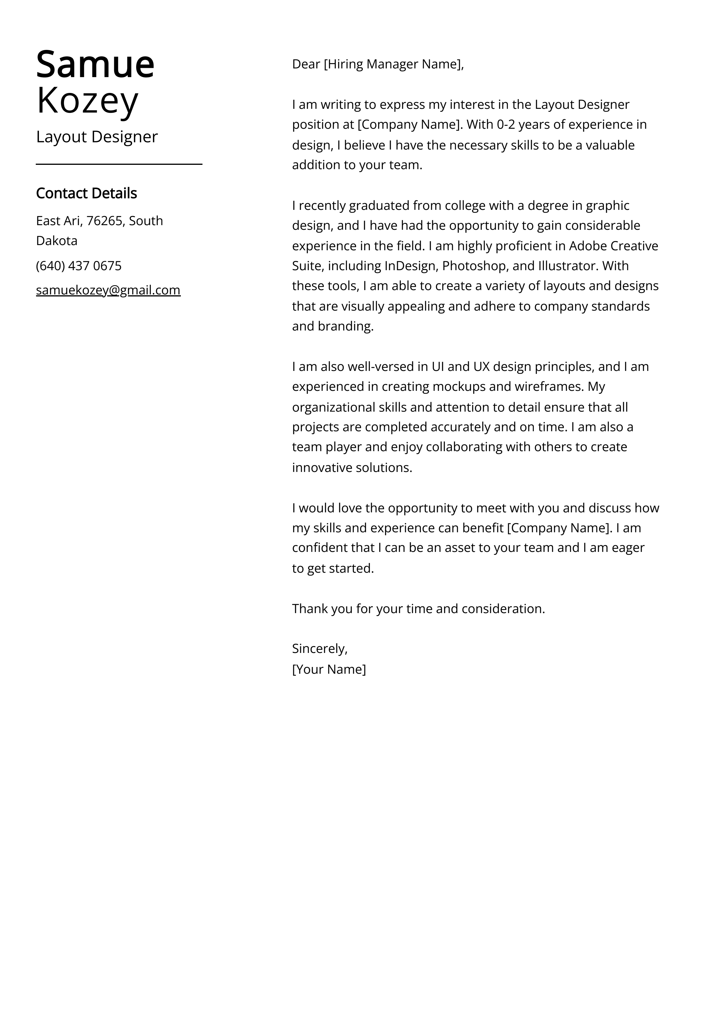 Layout Designer Cover Letter Example