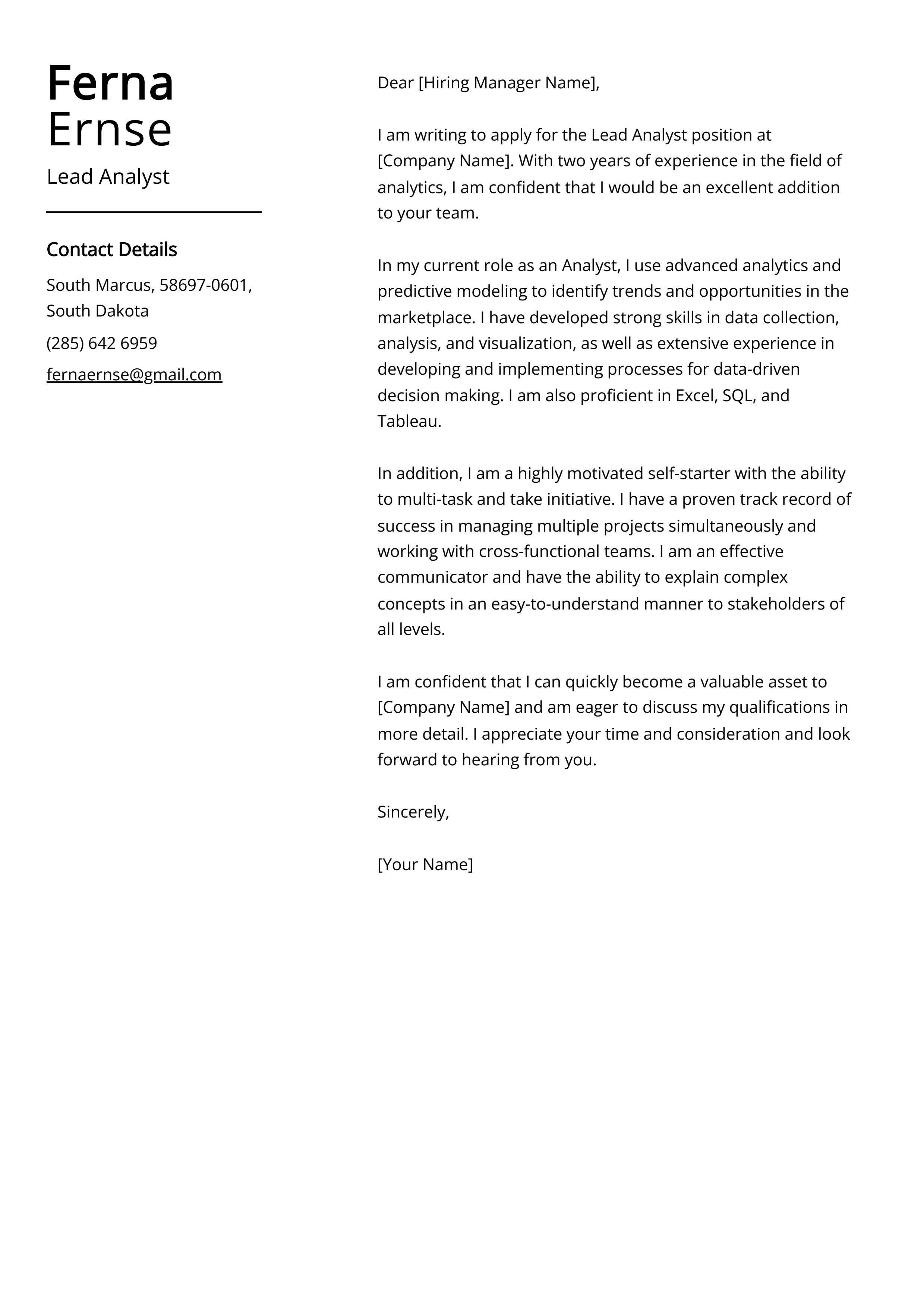 Lead Analyst Cover Letter Example