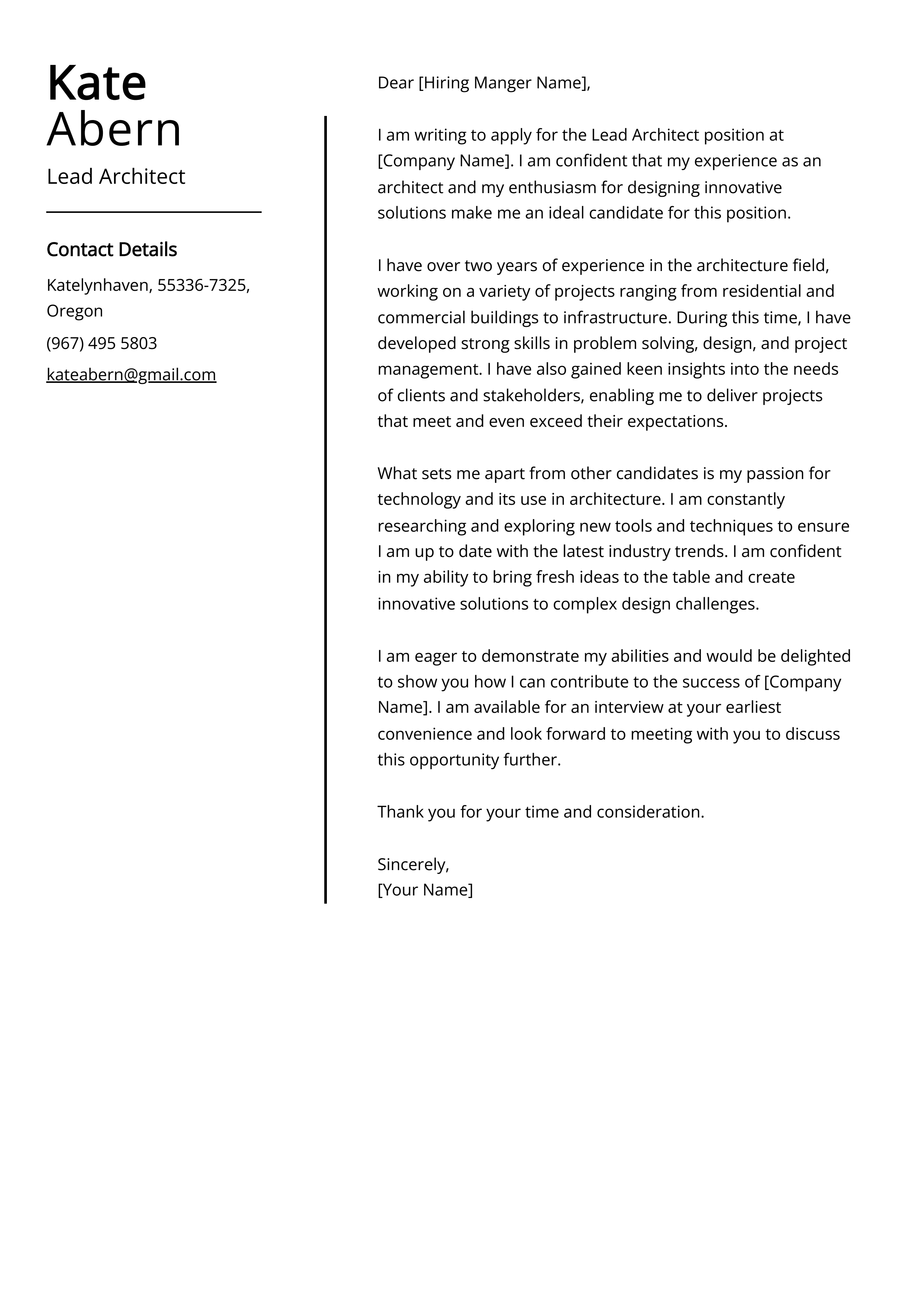 Lead Architect Cover Letter Example