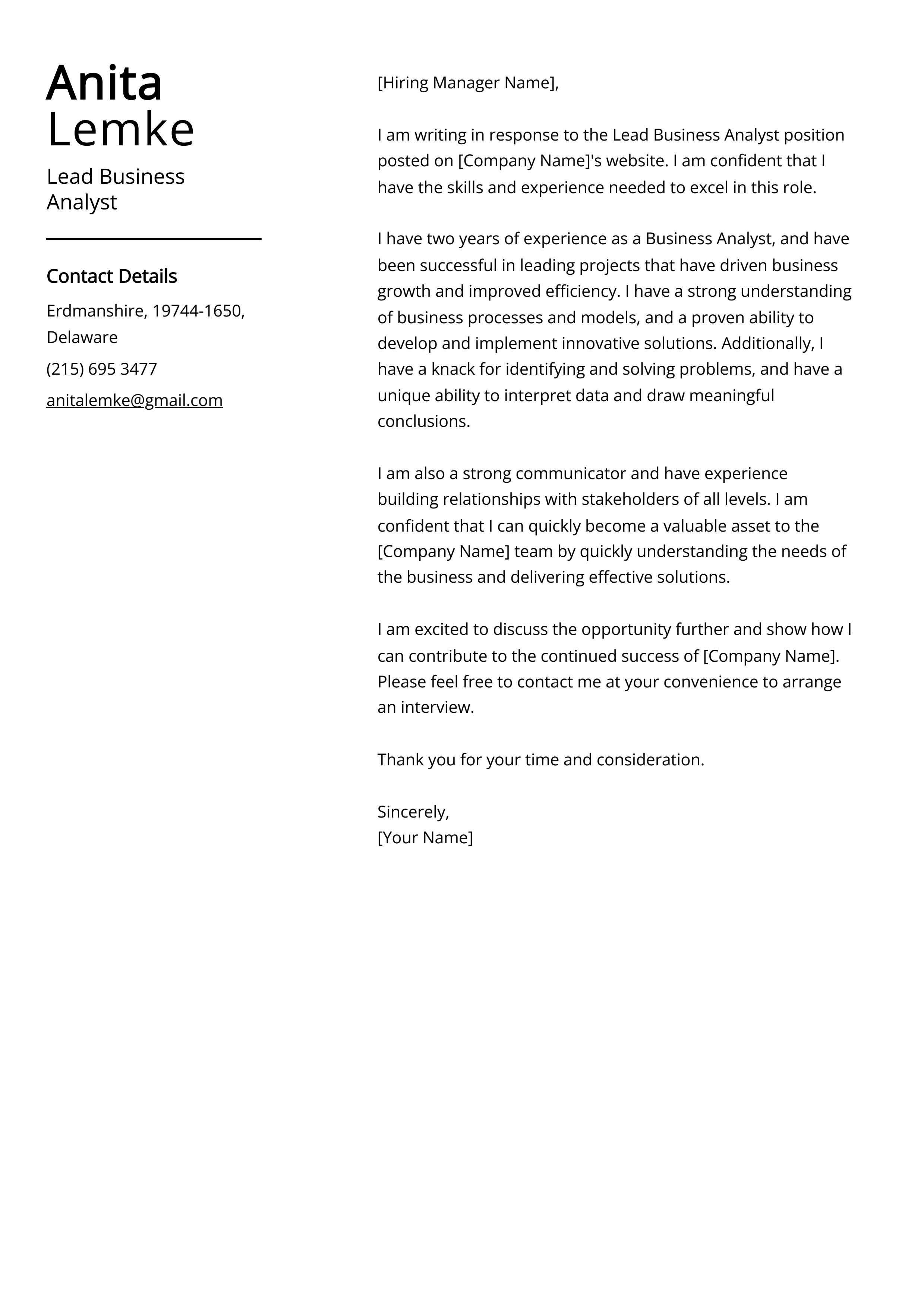 Lead Business Analyst Cover Letter Example