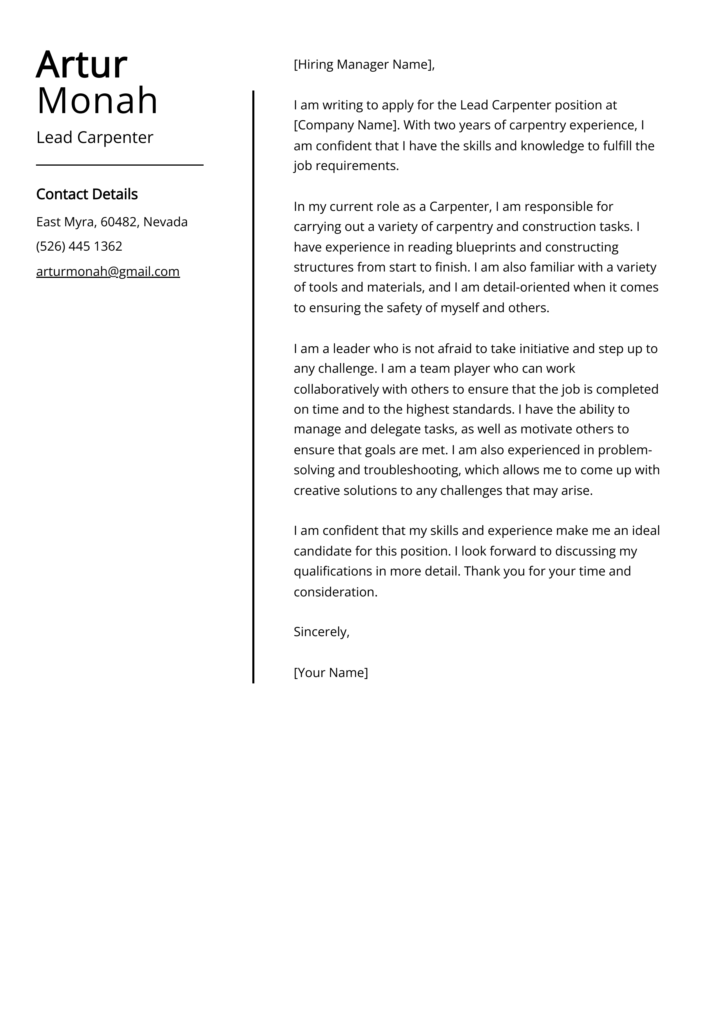 Lead Carpenter Cover Letter Example