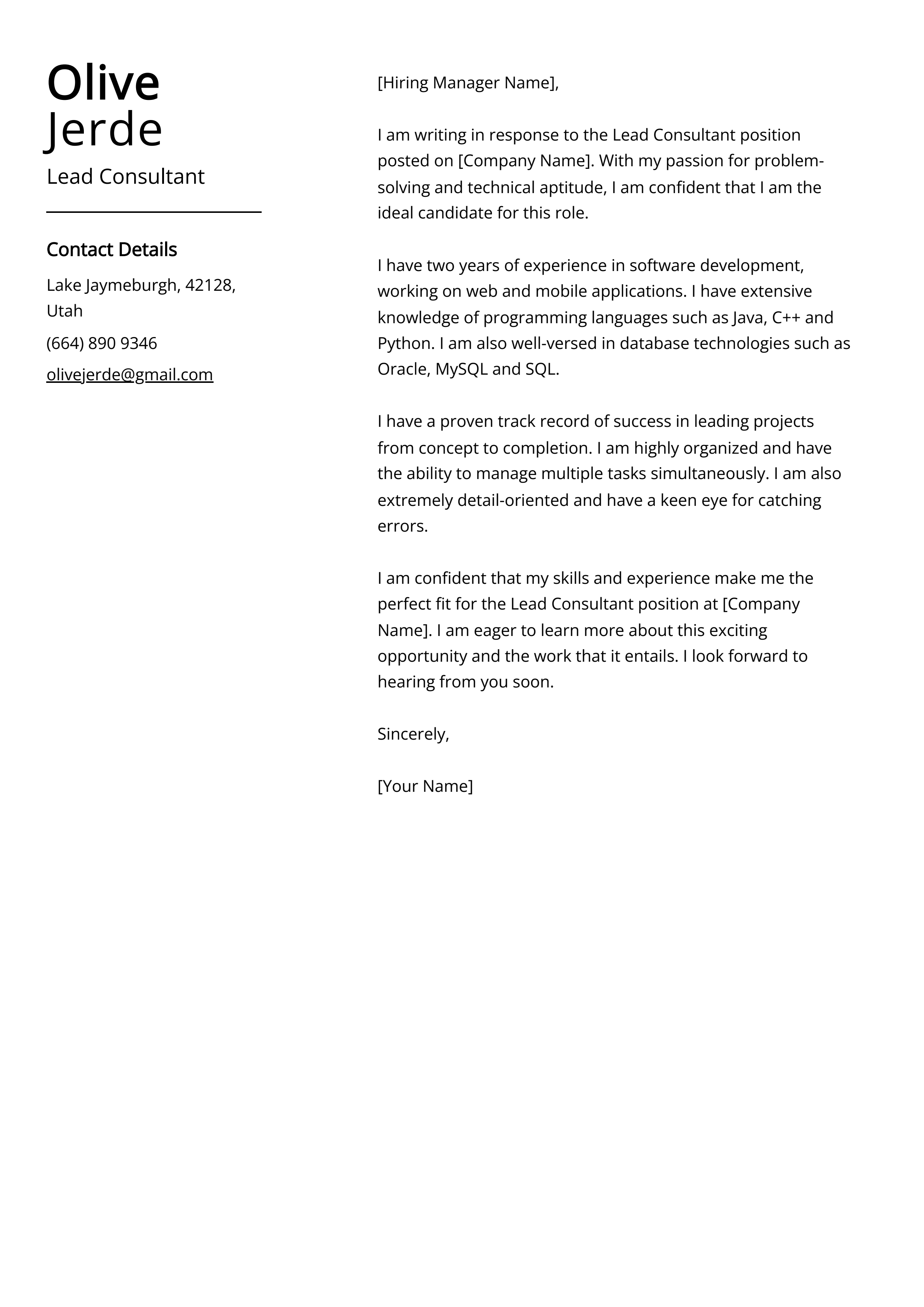 Lead Consultant Cover Letter Example