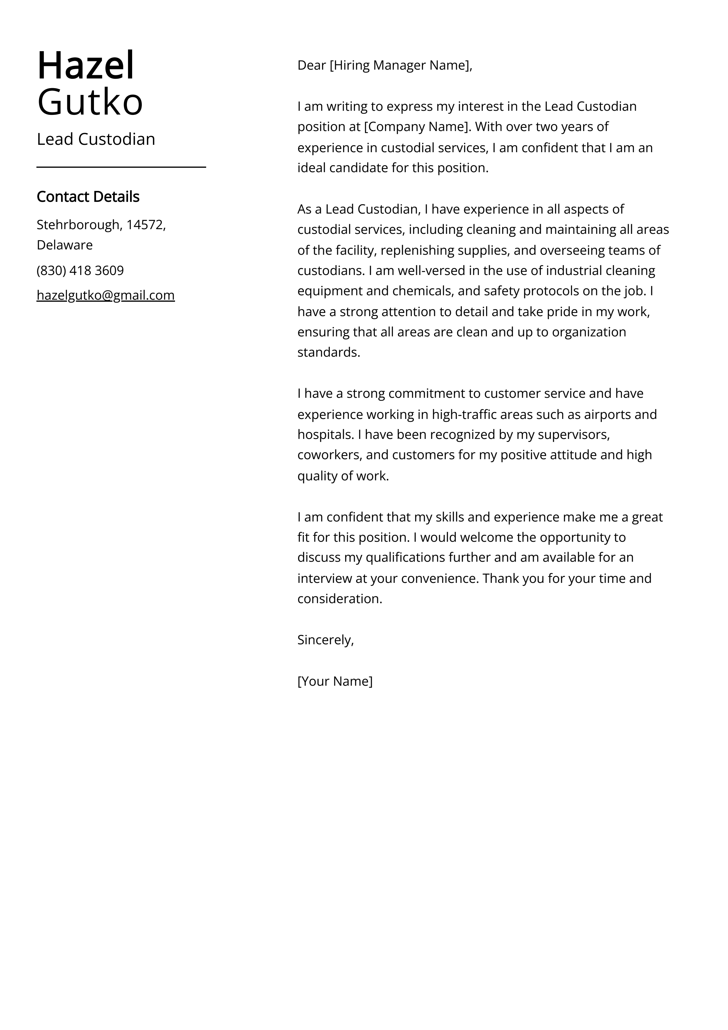 Lead Custodian Cover Letter Example