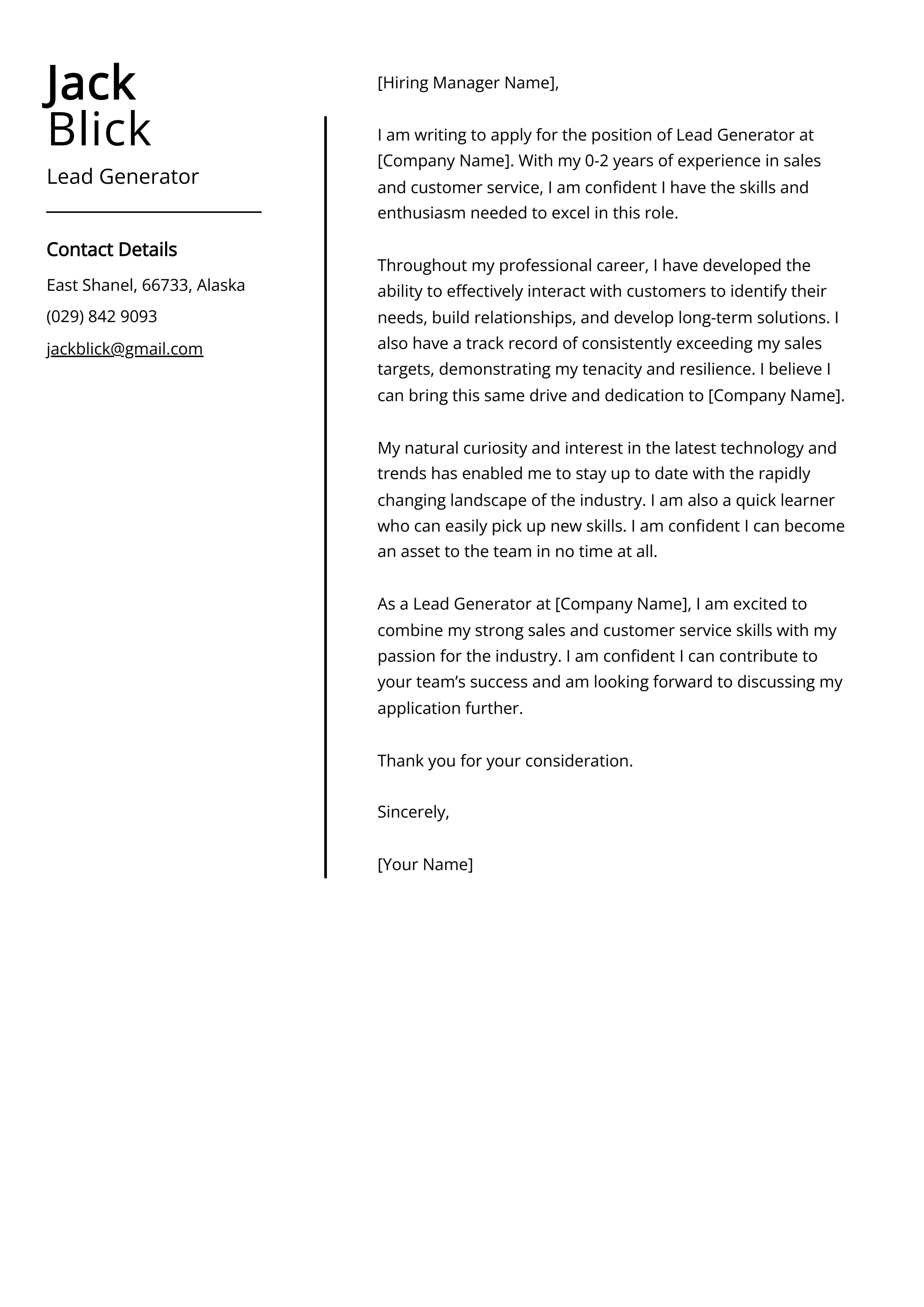 Lead Generator Cover Letter Example