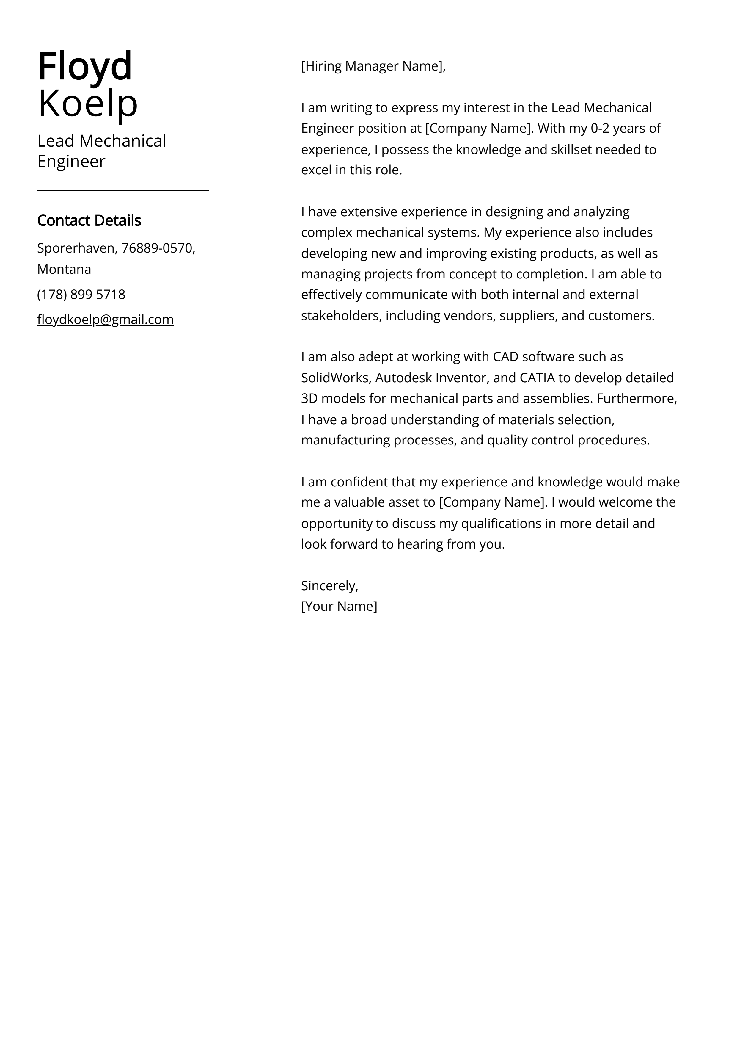 Lead Mechanical Engineer Cover Letter Example