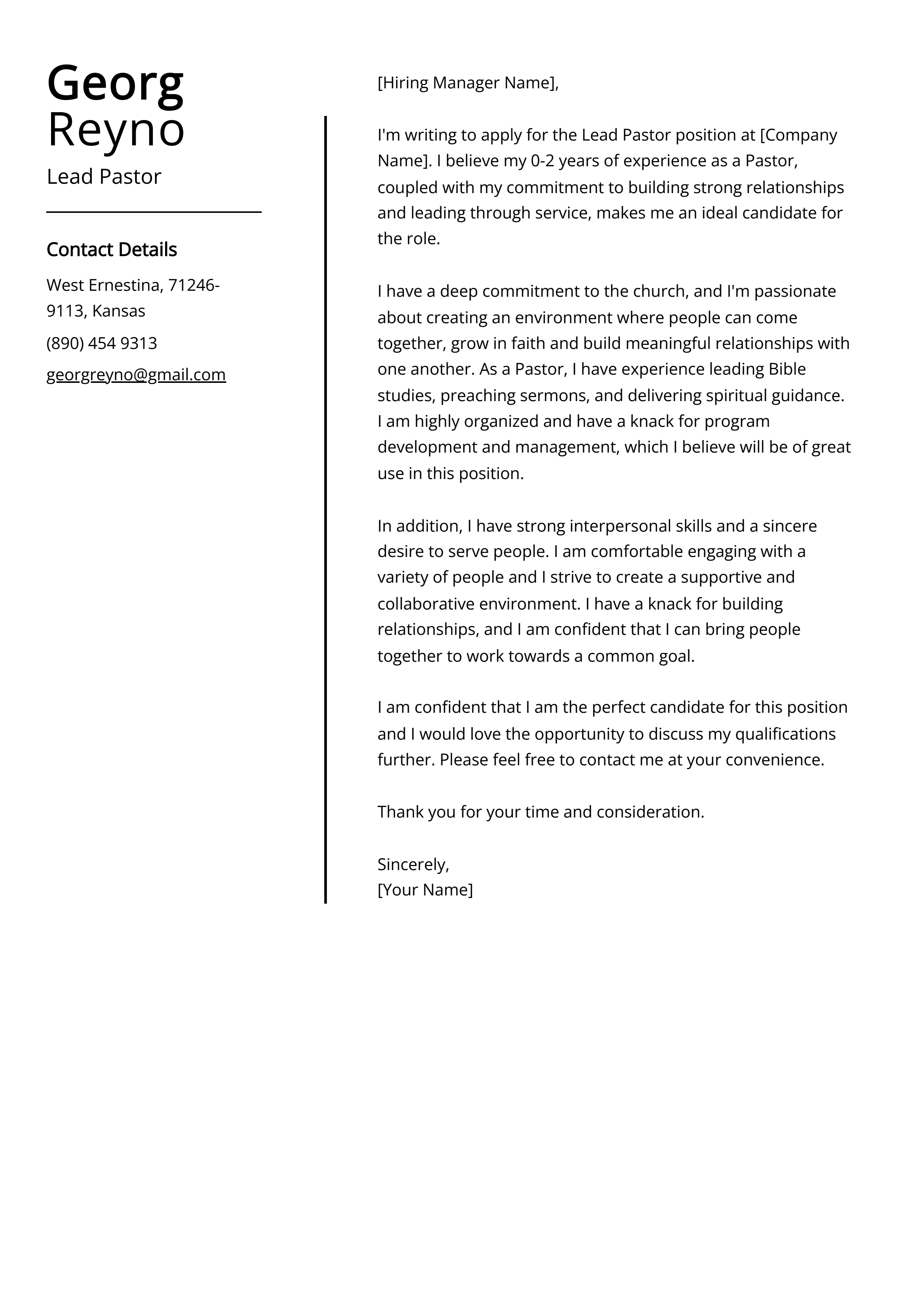 Lead Pastor Cover Letter Example